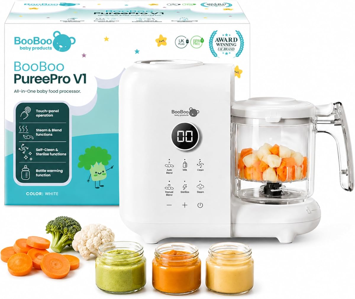 BooBoo Baby PuréePro V1 5-in-1 Baby Food Maker, Steamer and Blender