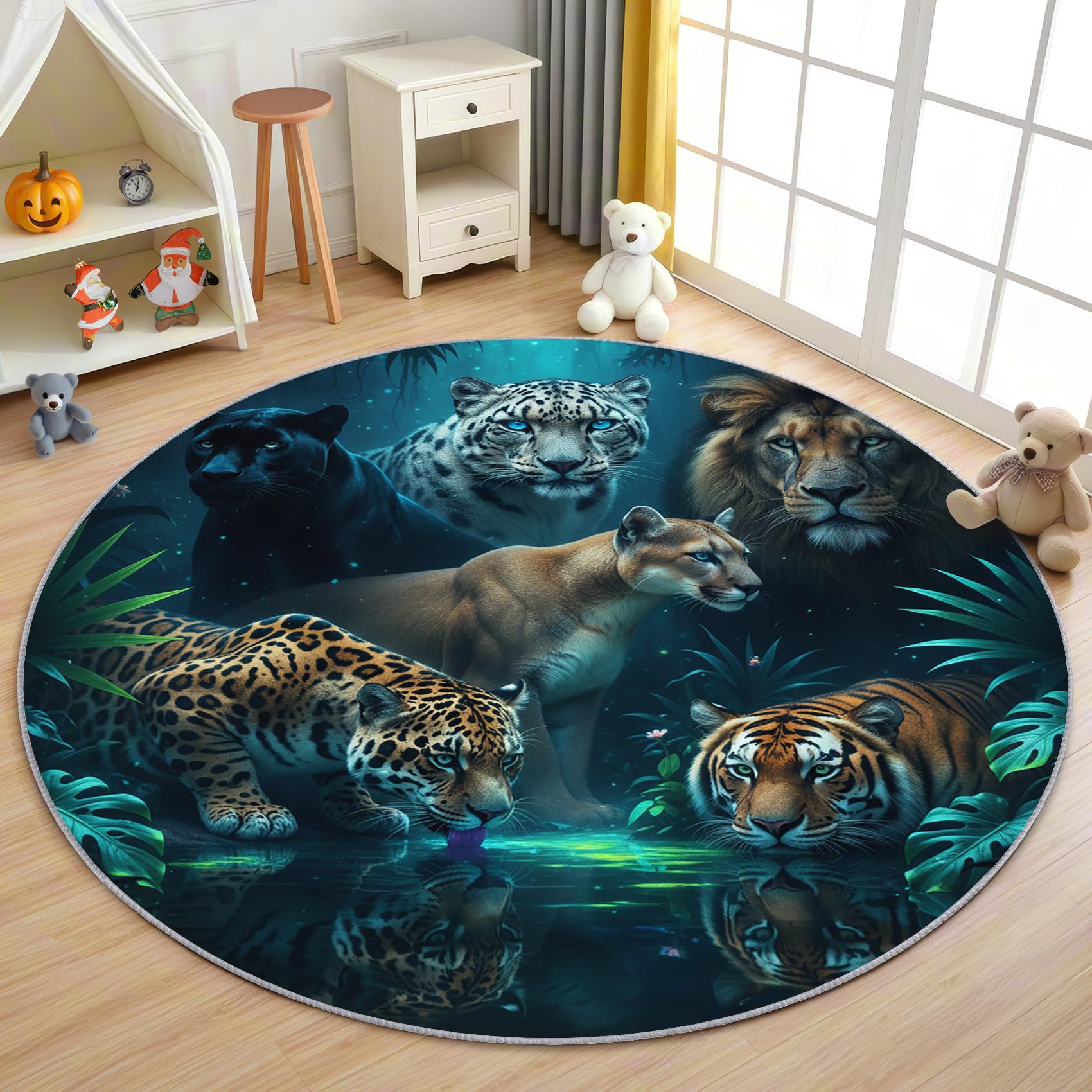 Wilde Tiere Teppich Rund 120cm Kurzflor - Waschbare Teppiche Wohnzimmer Tiger Leopard Löwe Panther Tiermotiv - Runder Teppich 120 Durchmesser Kinderzimmer - Bettvorleger rutschfest Weich