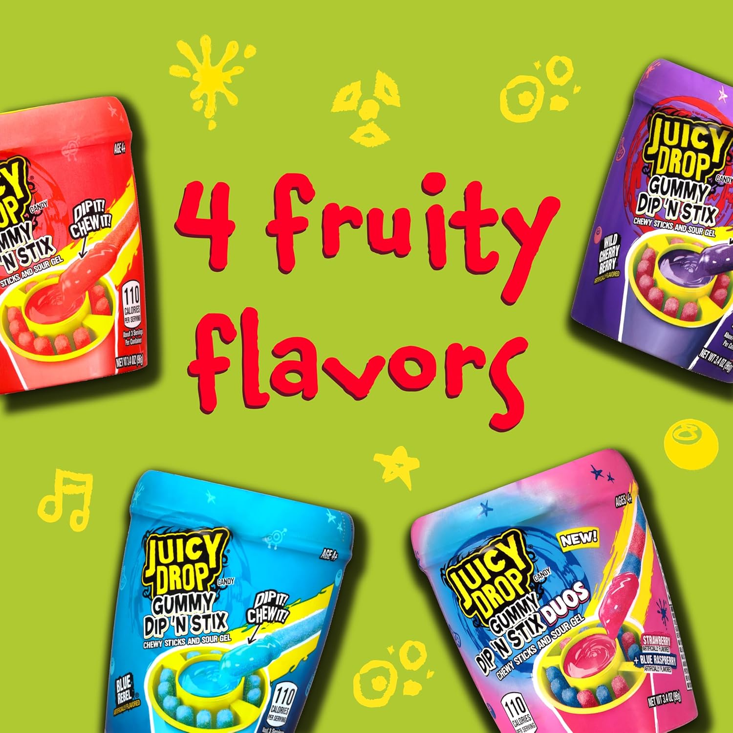 Juicy Drop Gummy Dip 'N Stix Assorted Candy Variety Pack, Sweet Gummy Sticks W/Sour Dipping Gel, 8 Pack, Assorted For Kids Parties and Party Favors, Sour Candy Variety for Kids