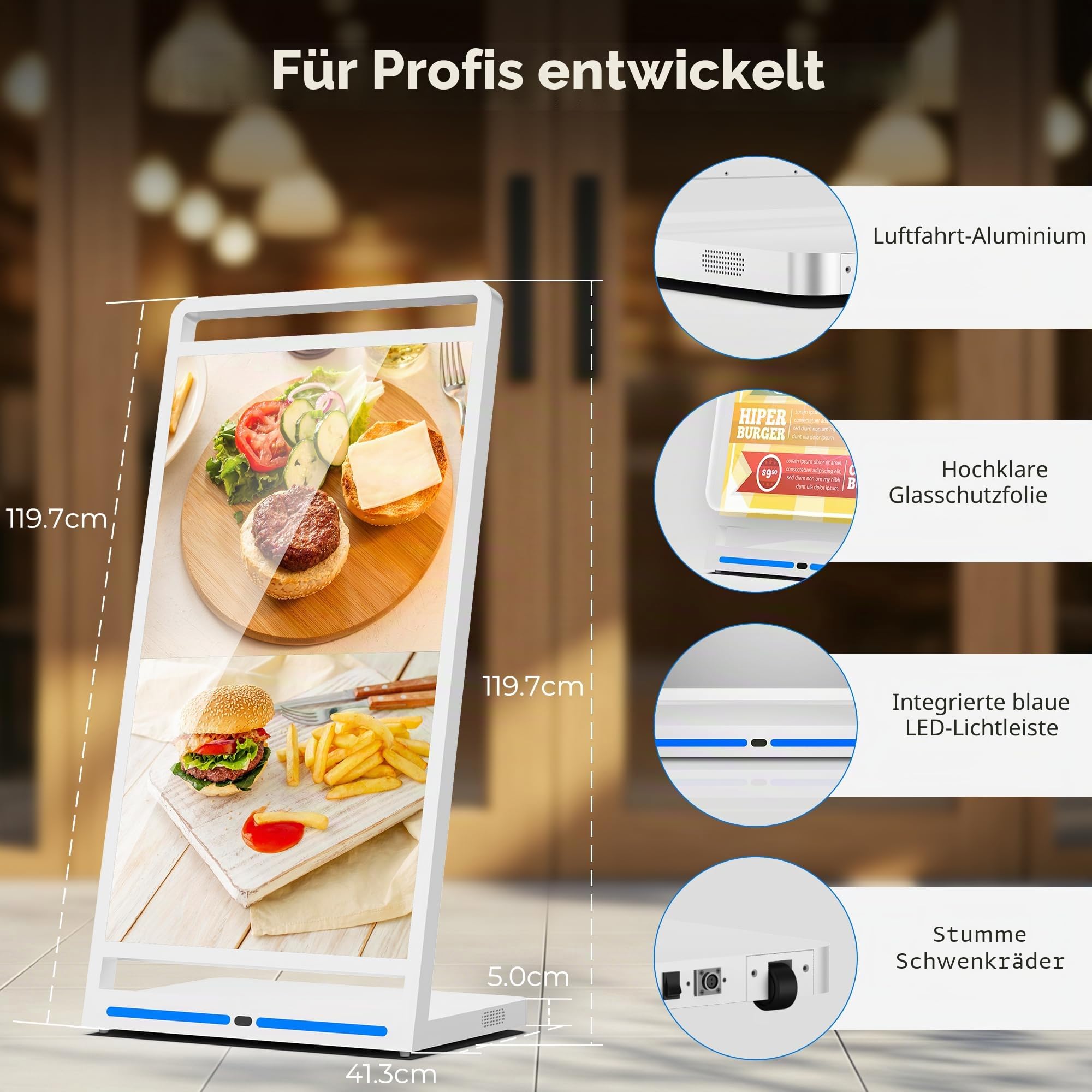 43 Zoll Digitaler Kundenstopper, Faltbarer Full HD LCD Werbeaufsteller mit Android 14, Fahrbares Werbedisplay mit Rollen, Kostenloses CMS, Mobiler Digital Signage Kiosk, USB/WiFi/HDMI