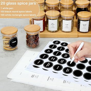 EgticHome 4OZ Glass Spice Jars with Bamboo Lids and 315 Labels, 20 Pcs Clear Food Storage Containers for Kitchen Sugar Salt Coffee Tea Beans