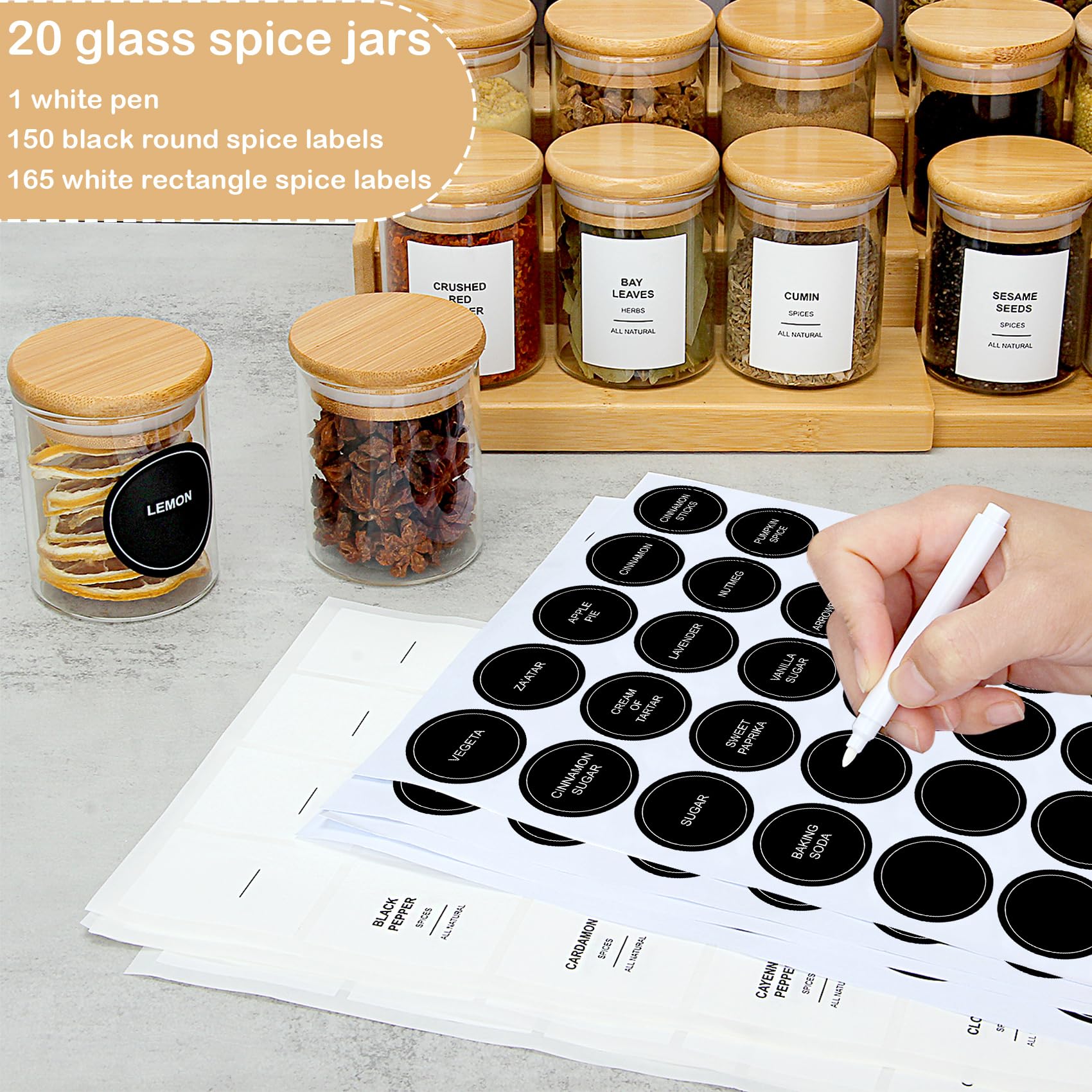 EgticHome Gewürzgläser aus Glas mit Bambusdeckel und 315 Etiketten, transparent, für Küche, Zucker, Salz, Kaffee, Tee, Bohnen, 118 ml, 20 Stück