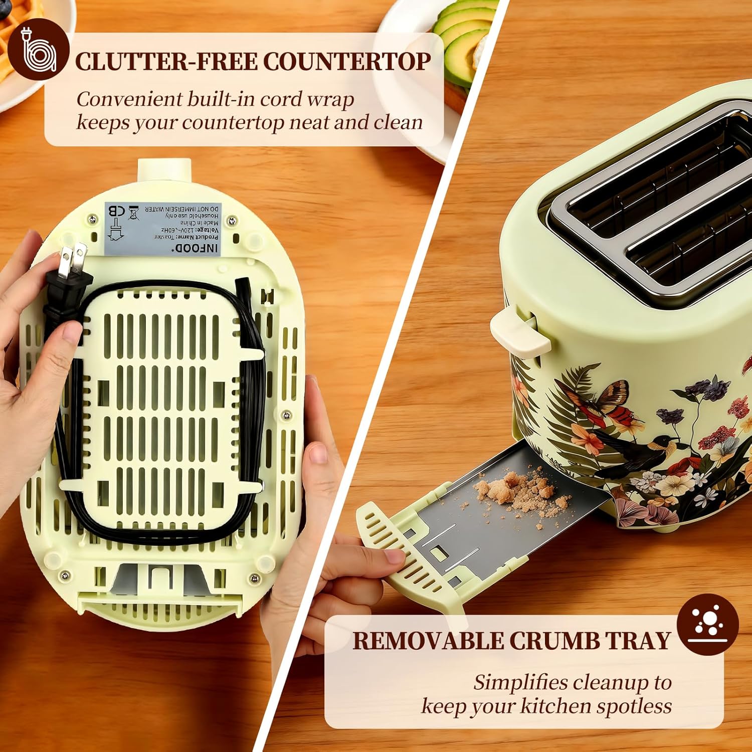 INFOOD Retro Toaster 2 Slice - 6 Toast Settings, Cancel/Defrost/Reheat Buttons, Built-in Warming Rack & Removable Crumb Tray, 1.5 Inches Extra Wide Slots, 750W, Floral Design