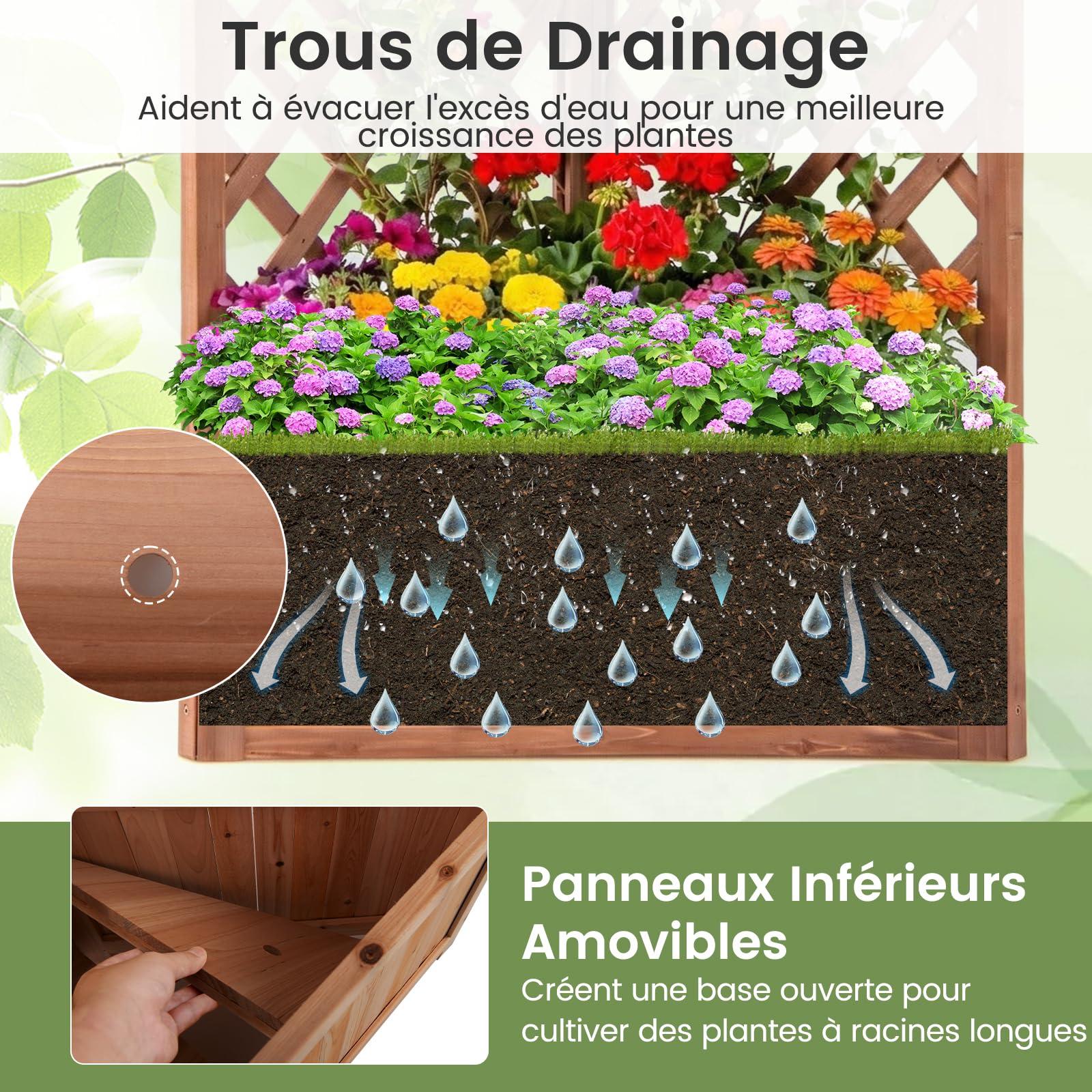 RELAX4LIFE Jardinière d'angle avec Treillis, Jardinière Surélevée en Bois de Sapin, Design 90° pour Coins, Base Amovible avec Trous de Drainage, Bac à Fleurs pour Balcon Jardin Terrasse (Marron)