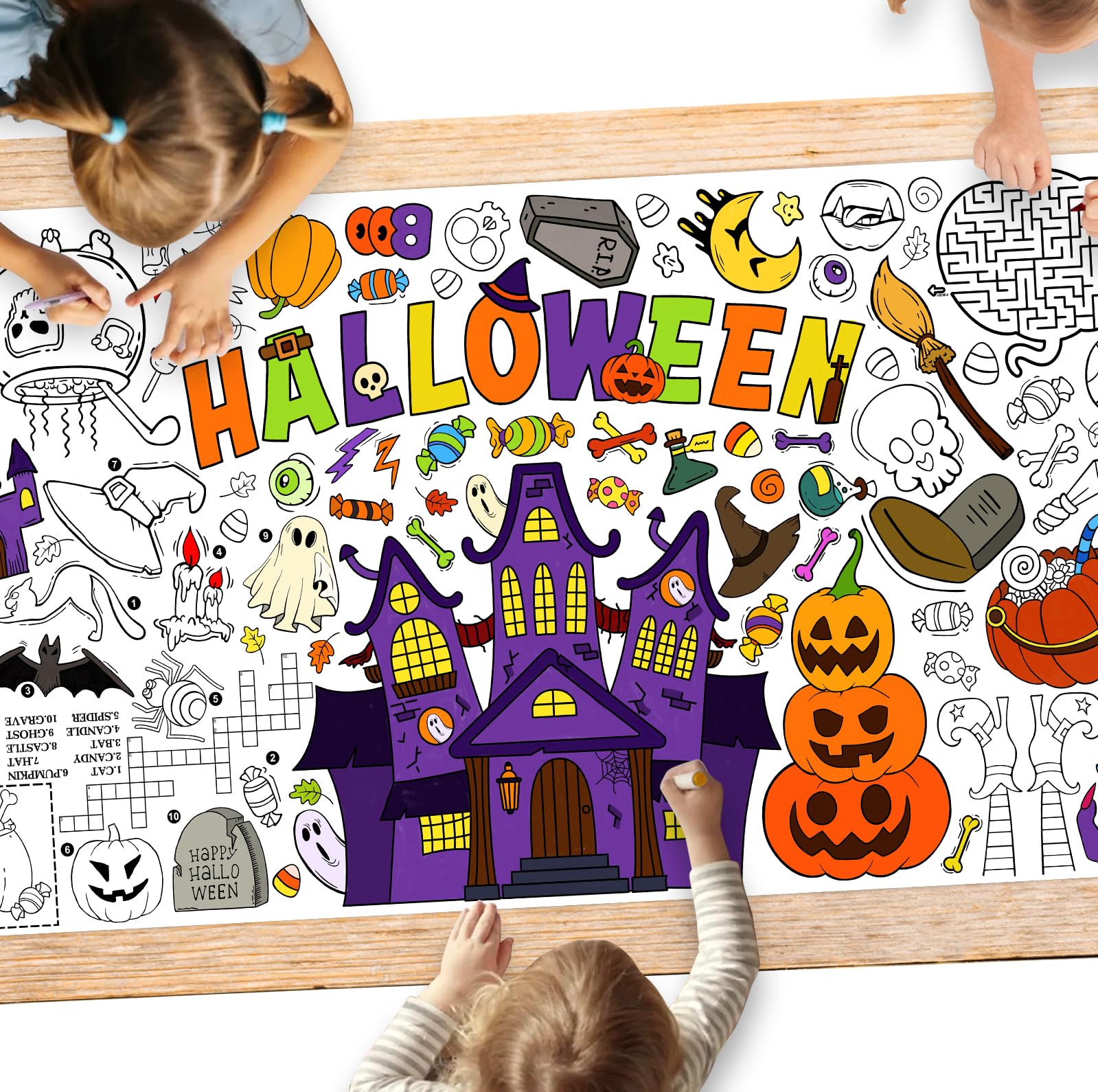 Gatherfun Halloween Coloring Tablecloth - 31.5 x 72 Inches,Versatile Paper Coloring Banner/Table Cover for School Party Halloween Decoration