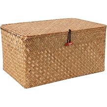 Moosky Wicker Shelf Baskets with Lid,Natural Seagrass Storage Basket Boxes Handwoven Rectangular Baskets Bins Multipurpose Home Organizer Decor Large