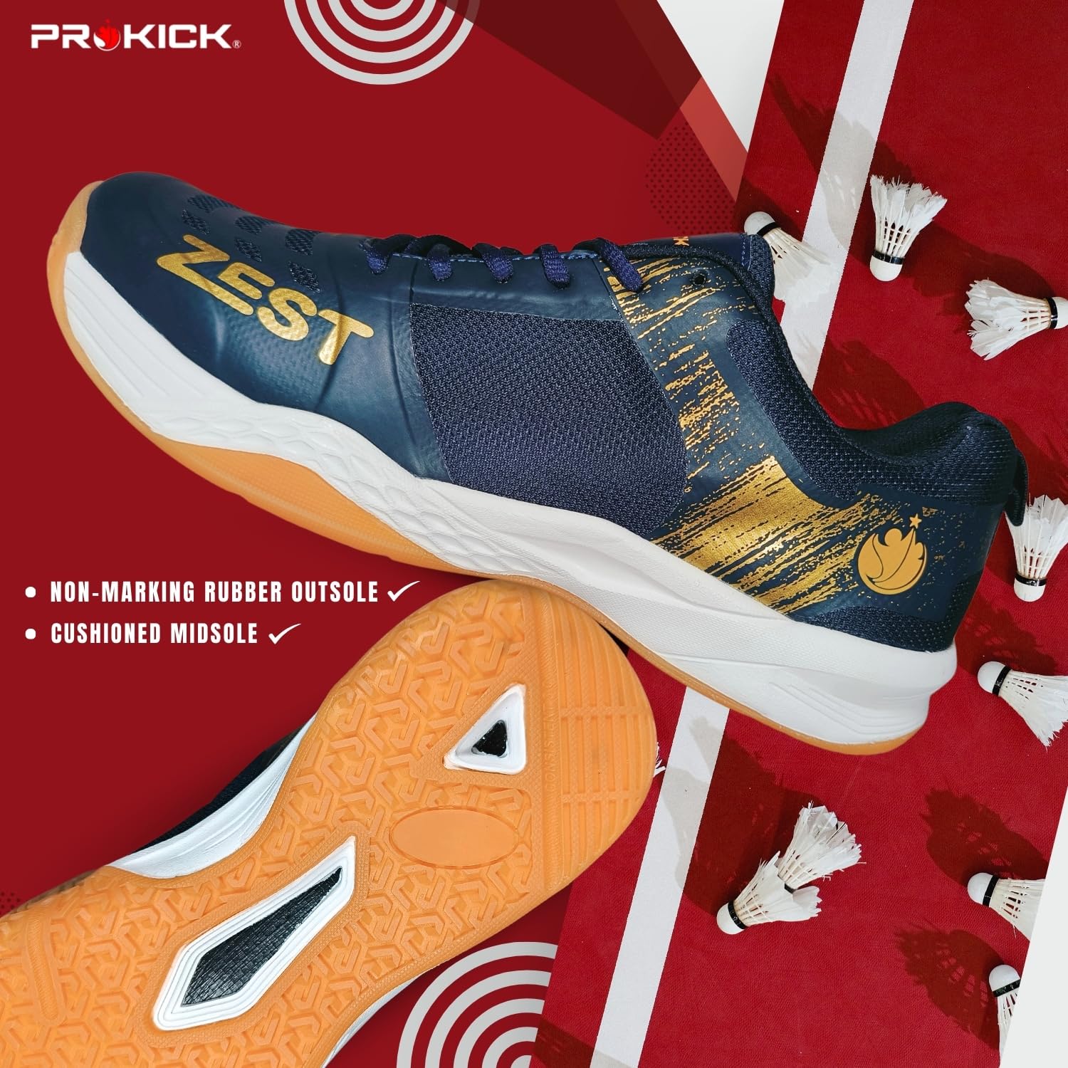 Prokick Zest Non Marking Badminton Shoes Lightweight, Durable & Flexible Badminton Shoes Also Perfect for Squash, Table Tennis, Volleyball, Basketball, Pickleball & Indoor Sports, Navy/Gold - 6 UK