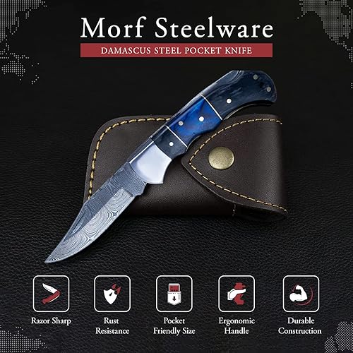 Miniatura 4 de Morf Steelware - Cuchillo de bolsillo de acero de damasco, hecho a mano, cuchillo de bolsillo pequeño para exteriores, camping, senderismo, hoja de