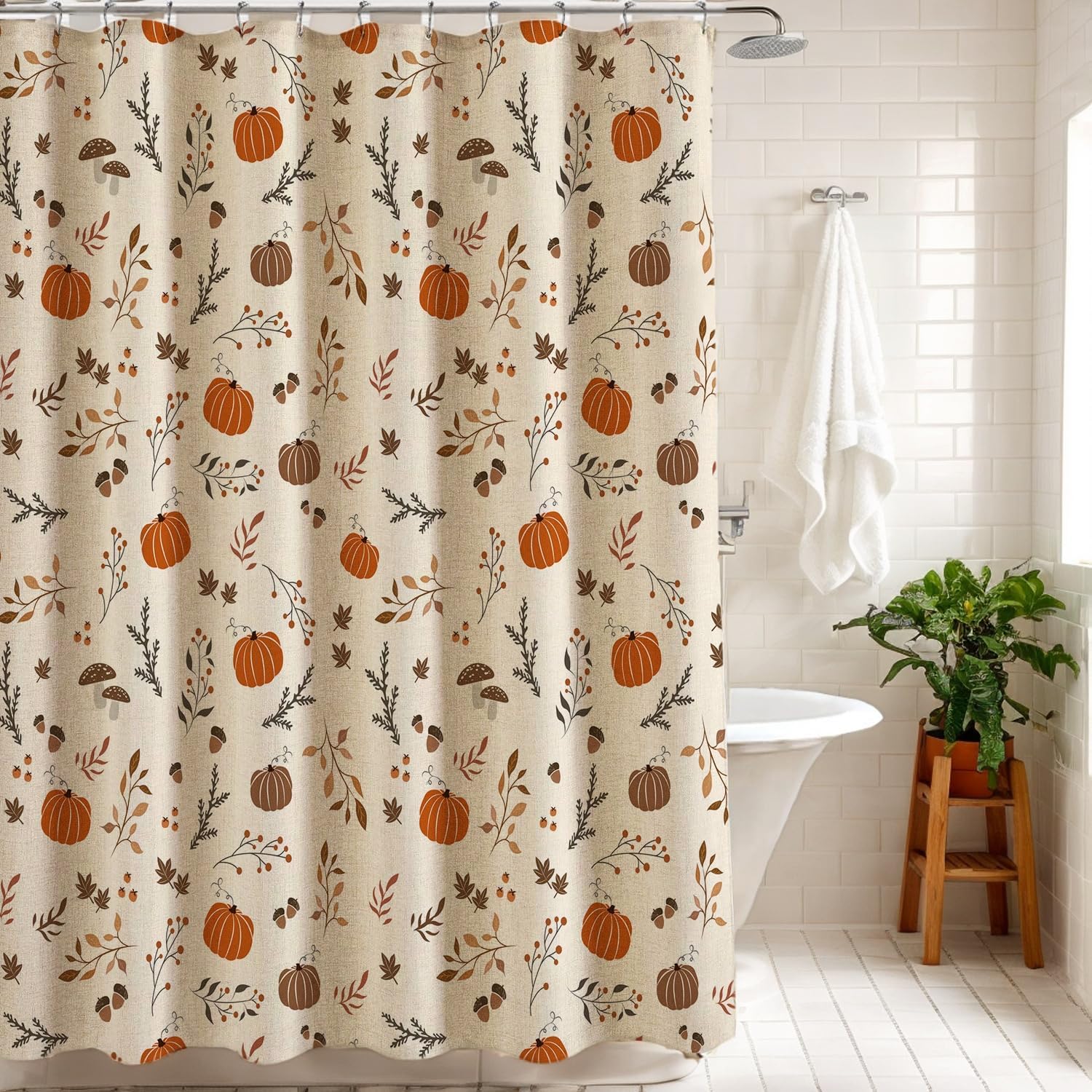 Fall Harvest Linen Shower Curtain Autumn Leaves Fruits Pumpkins Fabric Shower Curtain Set with Hooks, Mushrooms and Acorns Farmhouse Shower Curtains for Bathroom, 71x78 Bath Curtain