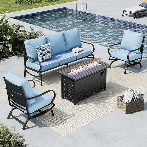 Miniatura 52 de MFSTUDIO Juegos de muebles de patio con mesa de fogata de gas de 45 pulgadas, 8 piezas de conversación de metal para exteriores con 1 sofá de 3