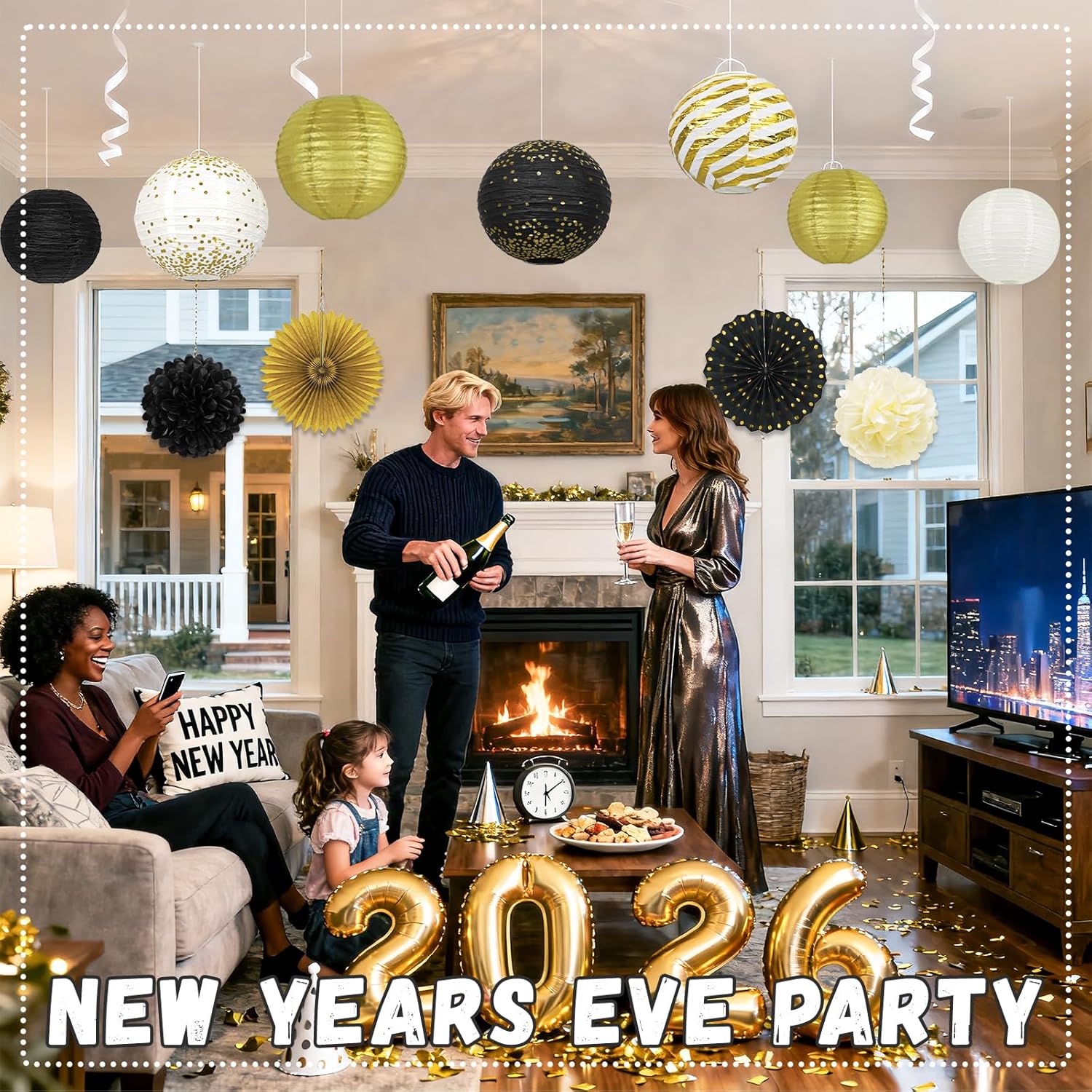 14Pcs Black and Gold Party Decorations, Hanging Paper Lanterns Fans Tissue Flower Pom Poms for Graduation Decorations 2026, Men Women 40th 50th 60th Birthday Retirement Party Supplies - Image 5