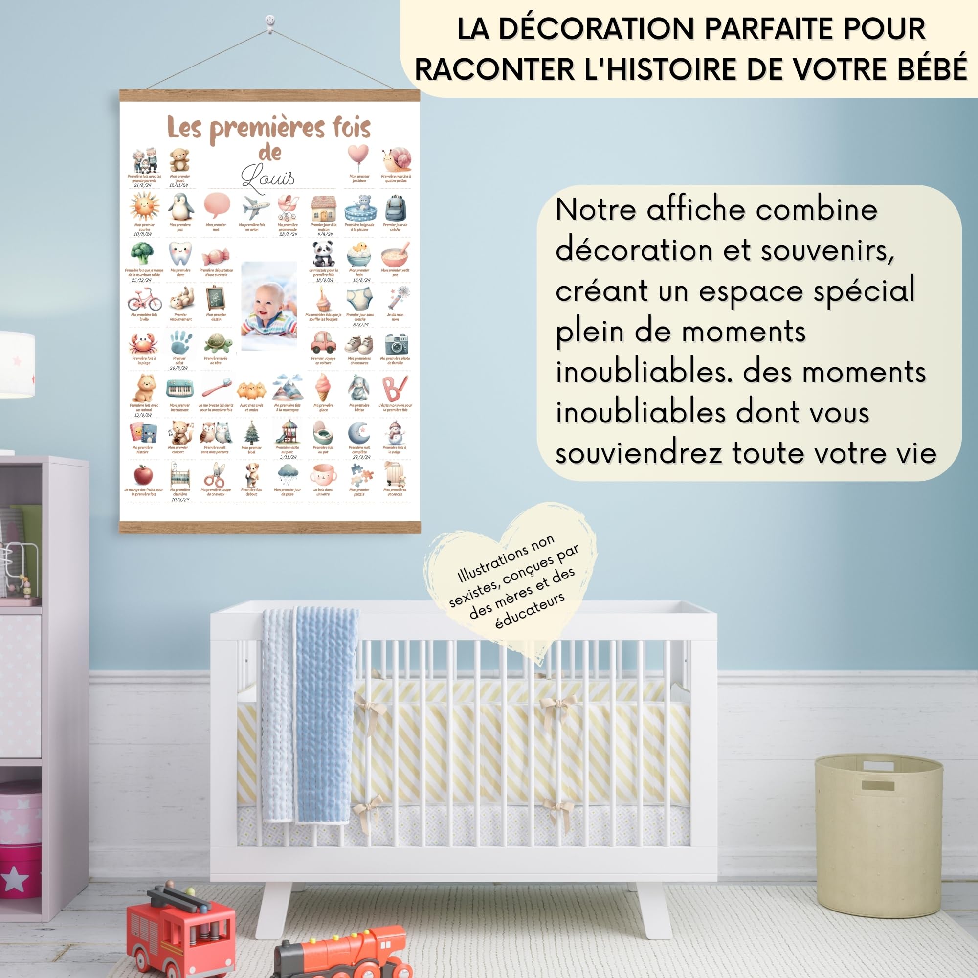 HuBorns - Affiche Mes Premieres Fois Bebe pour Rappeler des Étapes Importantes, Tableau Mes Premières Fois Bébé à Personnaliser, Inclus Bandes Bois pour Accrocher, Parfait comme Cadeau Bebe Naissance