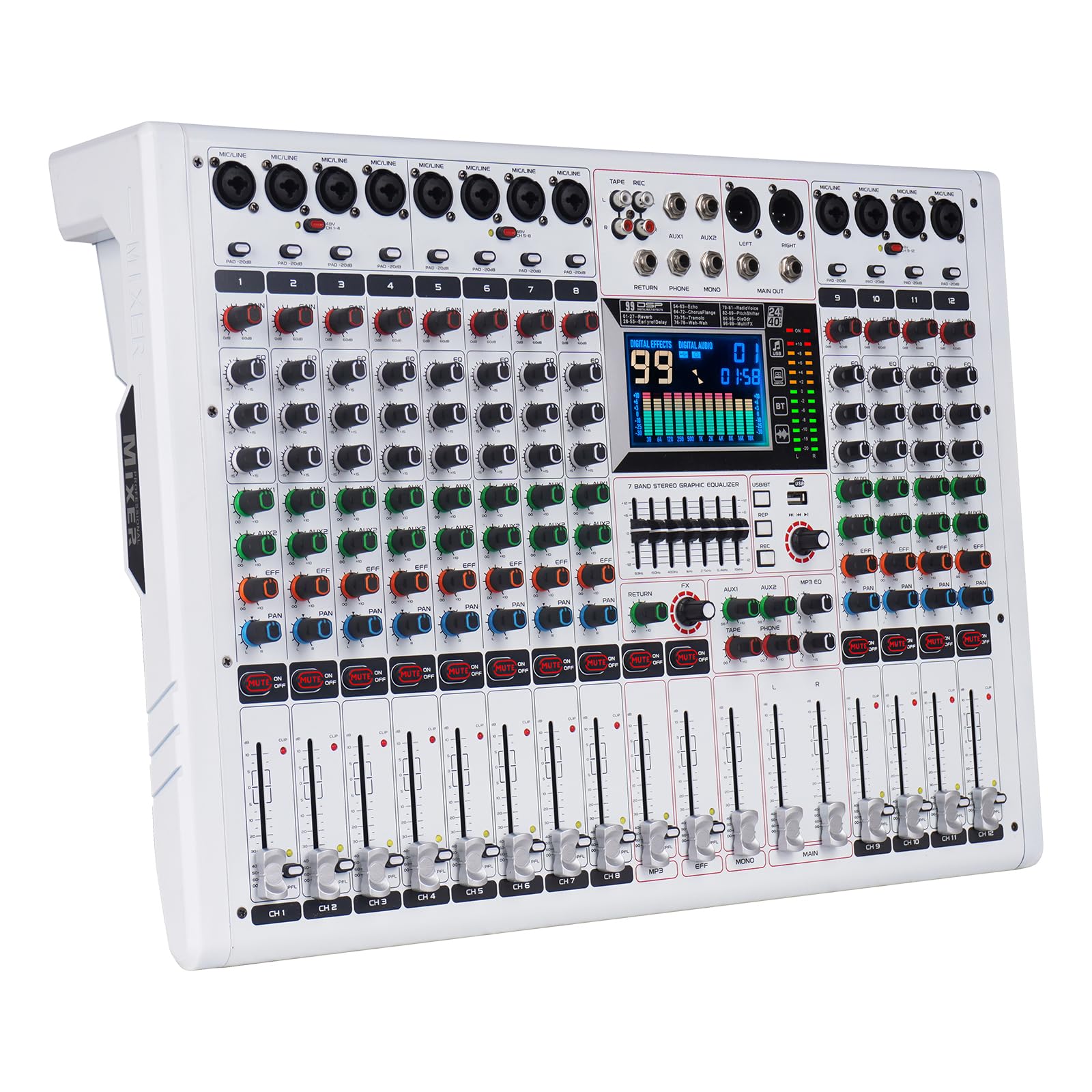 GF12 Console de mixage multifonctionnelle à 12 canaux avec grand écran LCD couleur pour performance sur scène, isolation, mute indépendant, égaliseur à 7 niveaux et 99 effets de réverbération