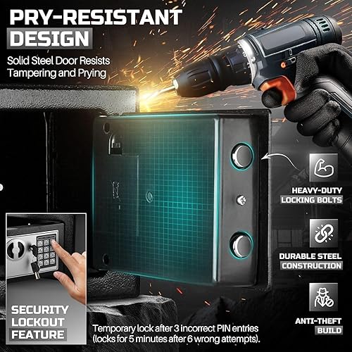 Miniatura 8 de Flexzion Caja de seguridad electrónica con cerradura de combinación digital, caja fuerte para efectivo para gabinetes, seguridad del hogar y la