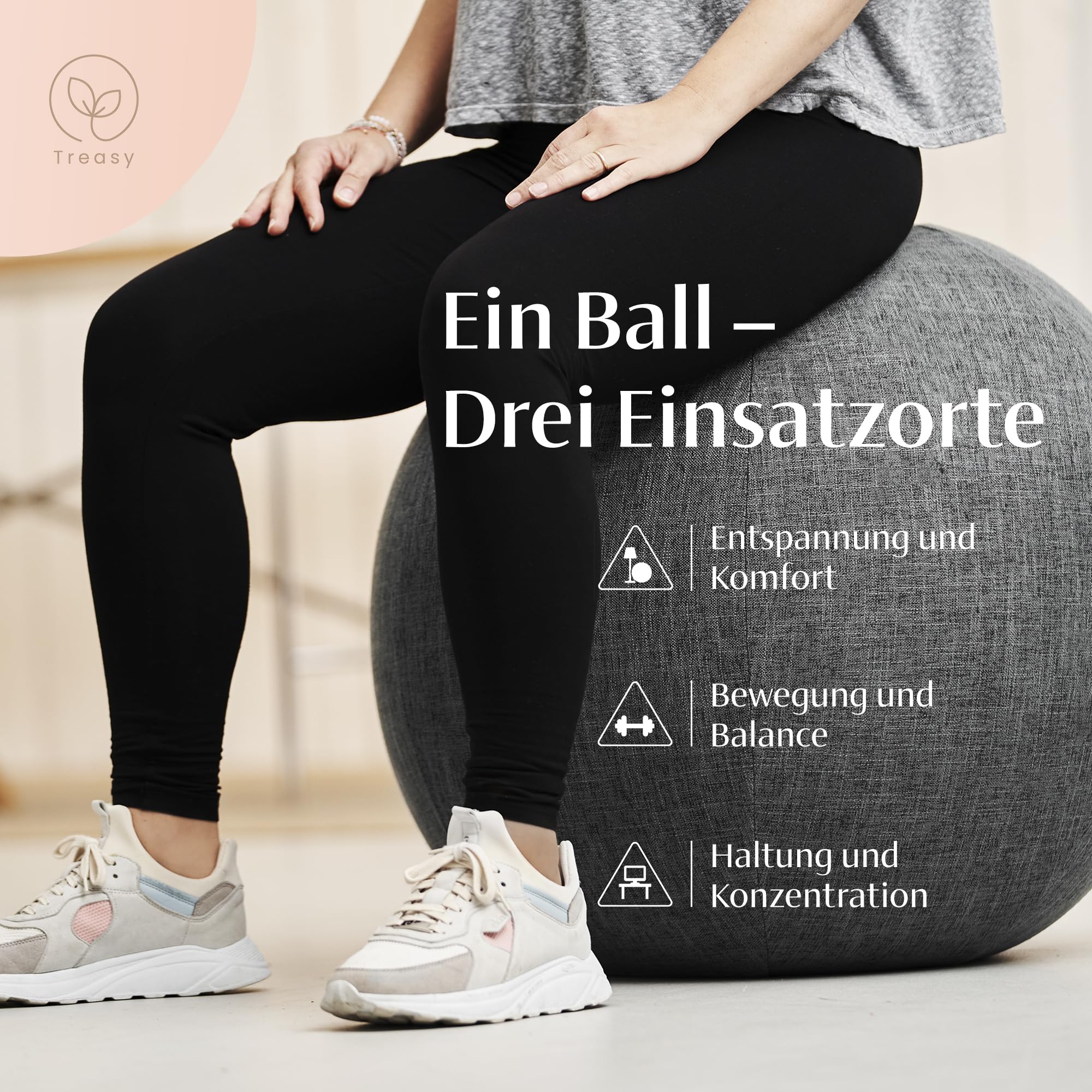 Ballon de siège Treasy 60-65 cm avec housse, ballon d'exercice ergonomique, fitness avec poignée