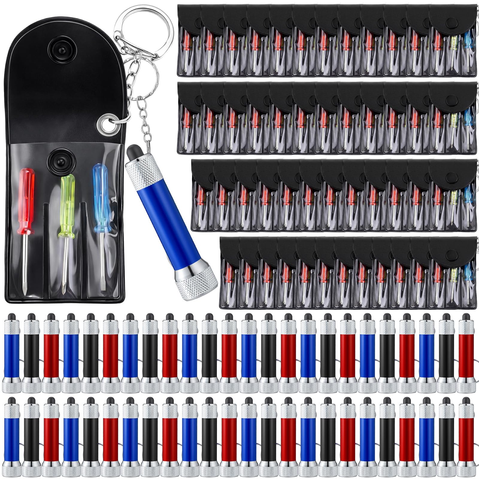 Jutom Set di 96 mini torce a LED, portachiavi, mini cacciavite, set per adulti, regalo per papà, uomini, marito, vicino, (blu, nero, rosso)