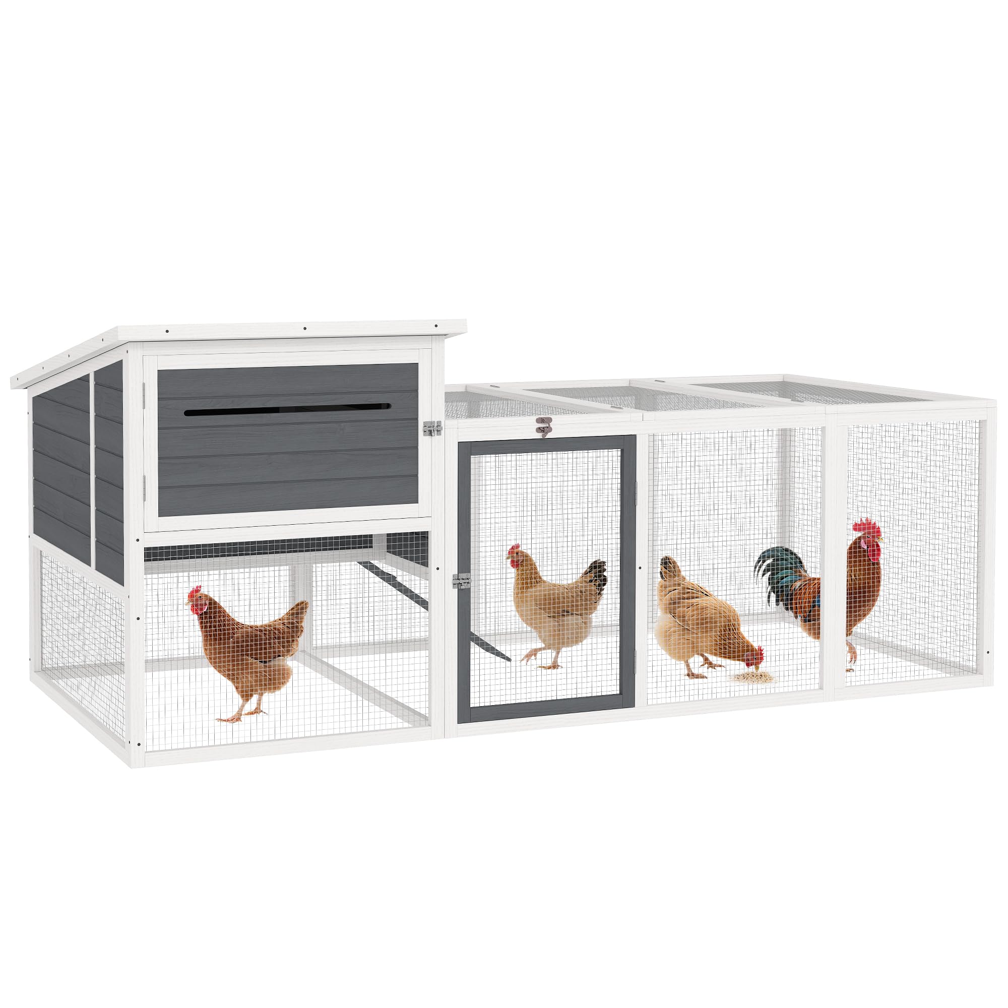 PawHut Pollaio per Galline Ovaiole Esterno con Casetta, Nido per Cova, Tetto Impermeabile Apribile, Vassoio Estraibile, Porte, Gabbia Recinto per 2-4 Galline Conigli in Legno, 214x101x91.5cm, Grigio