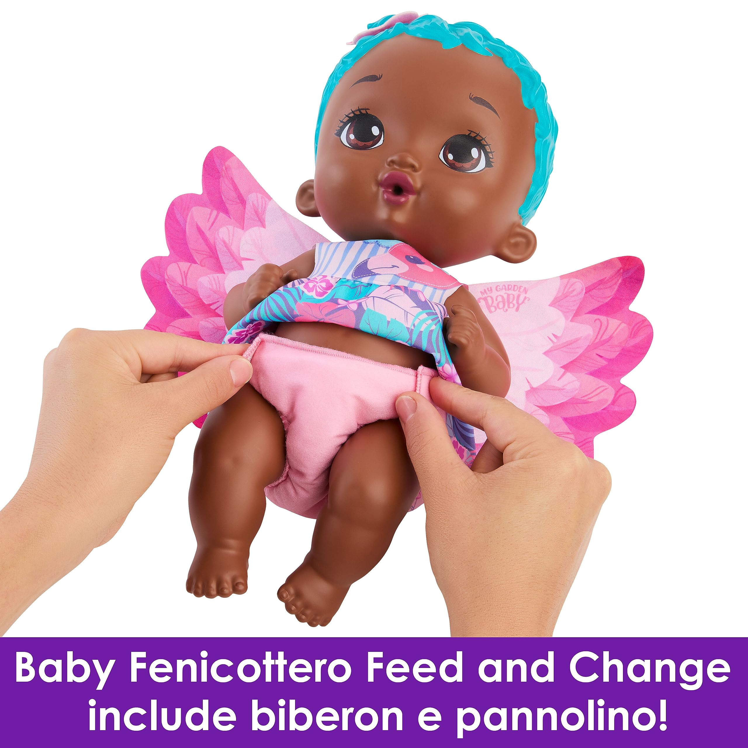 Mattel My Garden Baby - Bambola Junior Fenicottero Azzurra con pannolino riutilizzabile, biberon e tanti altri accessori, giocattolo per bambini, 3+ anni, HPD11