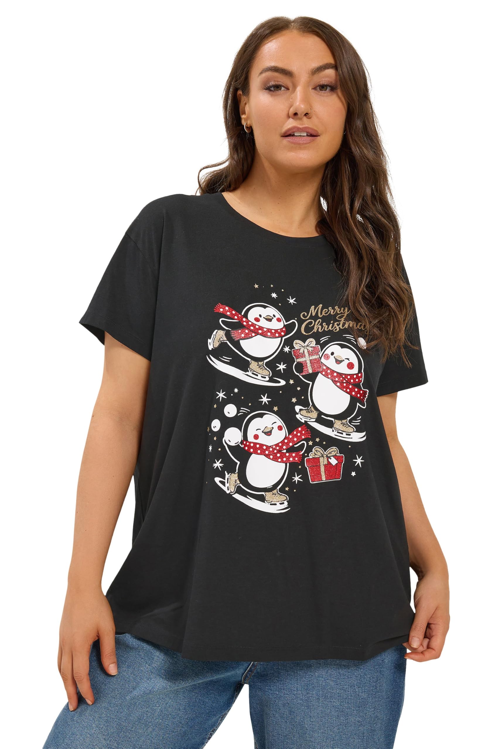 Yours Curve 'Merry Christmas' Penguin Glitter Novelty T-Shirt - Women's - Plus Size Curve