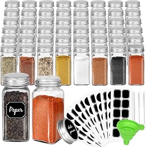 CycleMore 48 Pack 4oz Glass Spice Jars Bottles, Square Spice Containers with Silver Metal Caps and Pour/Sift Shaker Lid-80pcs Black Labels,1pcs Silicone Collapsible Funnel and 2pcs Brush Included
