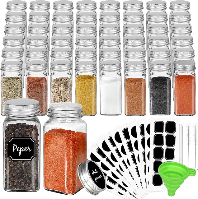 CycleMore 48 Pack 4oz Glass Spice Jars Bottles, Square Spice Containers with Silver Metal Caps and Pour/Sift Shaker Lid-80pcs Black Labels,1pcs Silicone Collapsible Funnel and 2pcs Brush Included