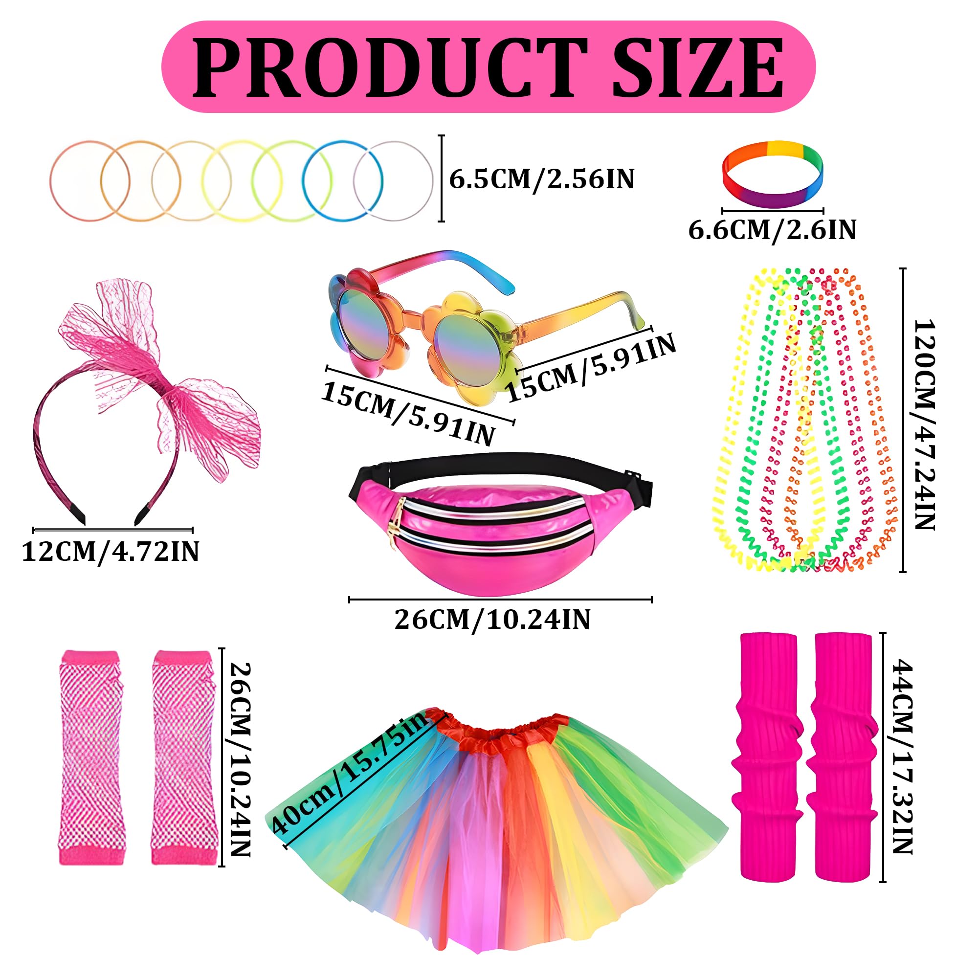 Jyeennar 80s Costume Accessories Set,Rose Red Fancy Dress with Tutu Skirt Leg Warmer Earrings Fishnet Gloves Necklaces Glasses Bracelets Headband for 1980s Theme Party - Image 2