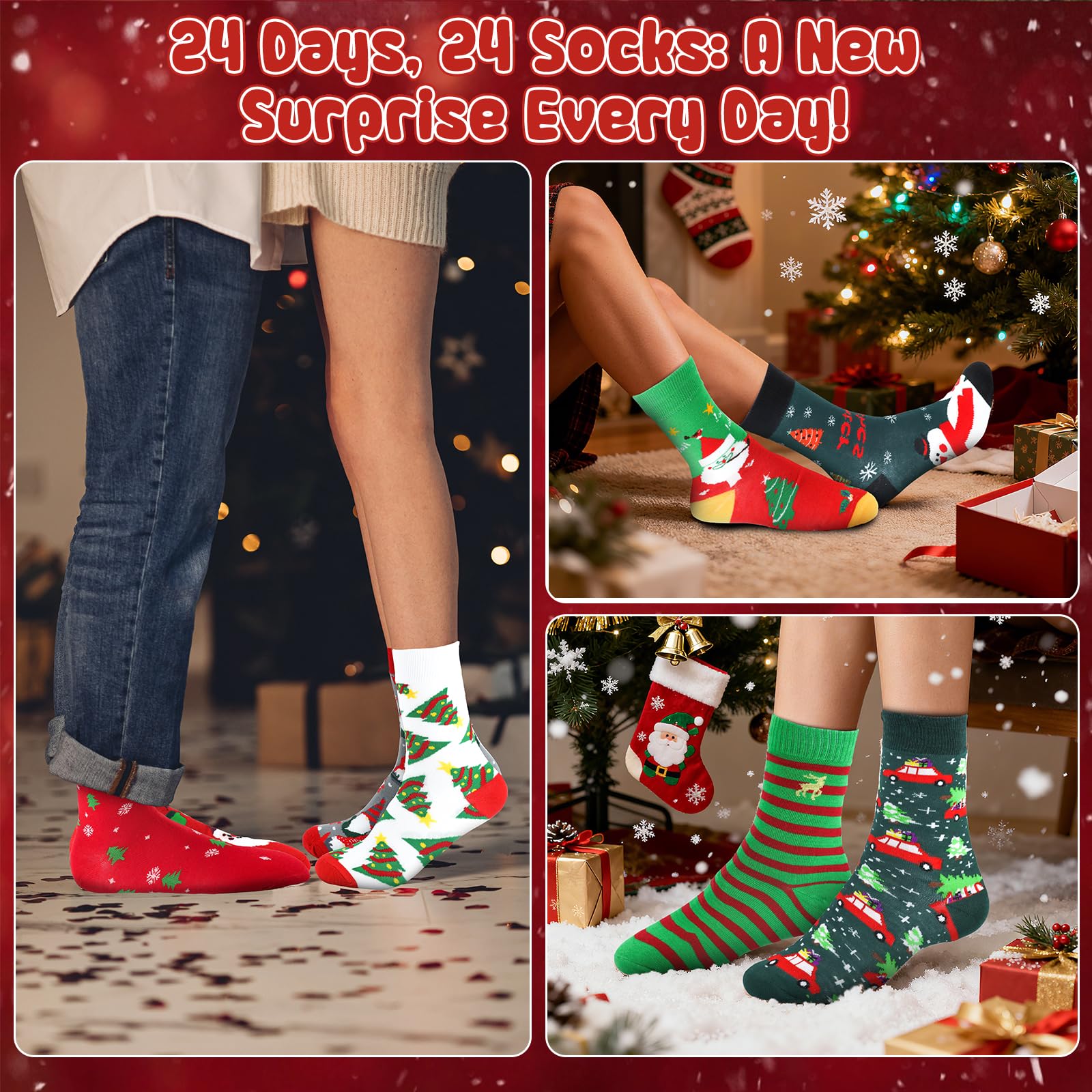 Calendrier de l'Avent de Noël 2025, 24 Chaussettes de Noël Unisex(sans paires), Taille 35-38, Calendrier de l'Avent de Chaussettes Adulte Cadeaux de Fête de Noël pour Femmes et Hommes