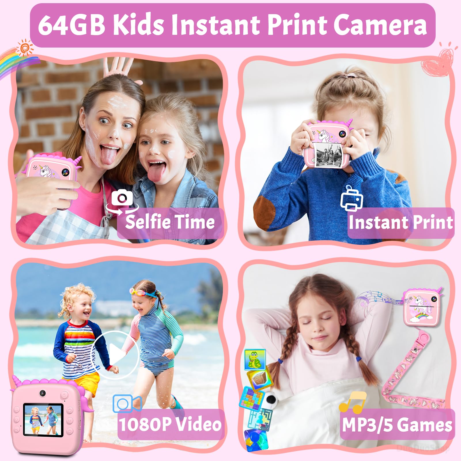 64GB Macchina Fotografica Bambini Istantanea, 50MP Digitale Fotocamera Bambini con 16X Zoom, DuoDuoSnap 2,4" 1080P Videocamera Stampa fotografica Regali Giocattoli per 3-12 Anni Ragazze Ragazzi-Rosa