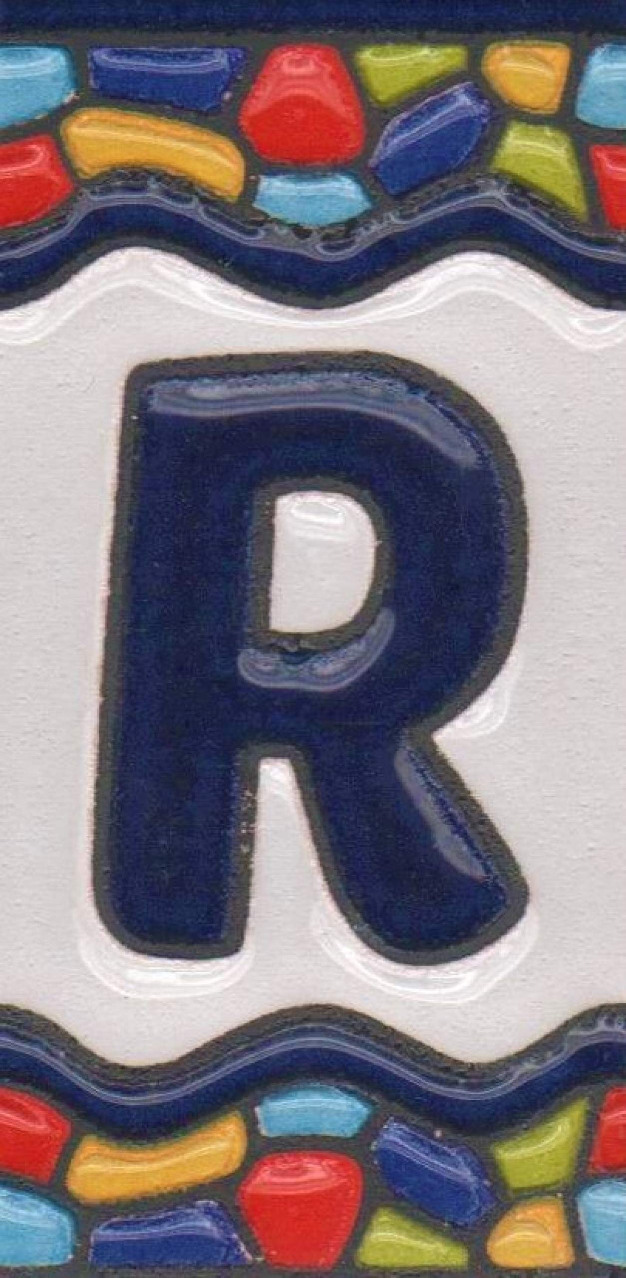 House Tile Numbers, Spanish Ceramic Numbers & Letters Tiles, Church Window Design, Tile Size: 7.5cm x 3.5cm, 3 to 10 Tile Frames (Letter R)