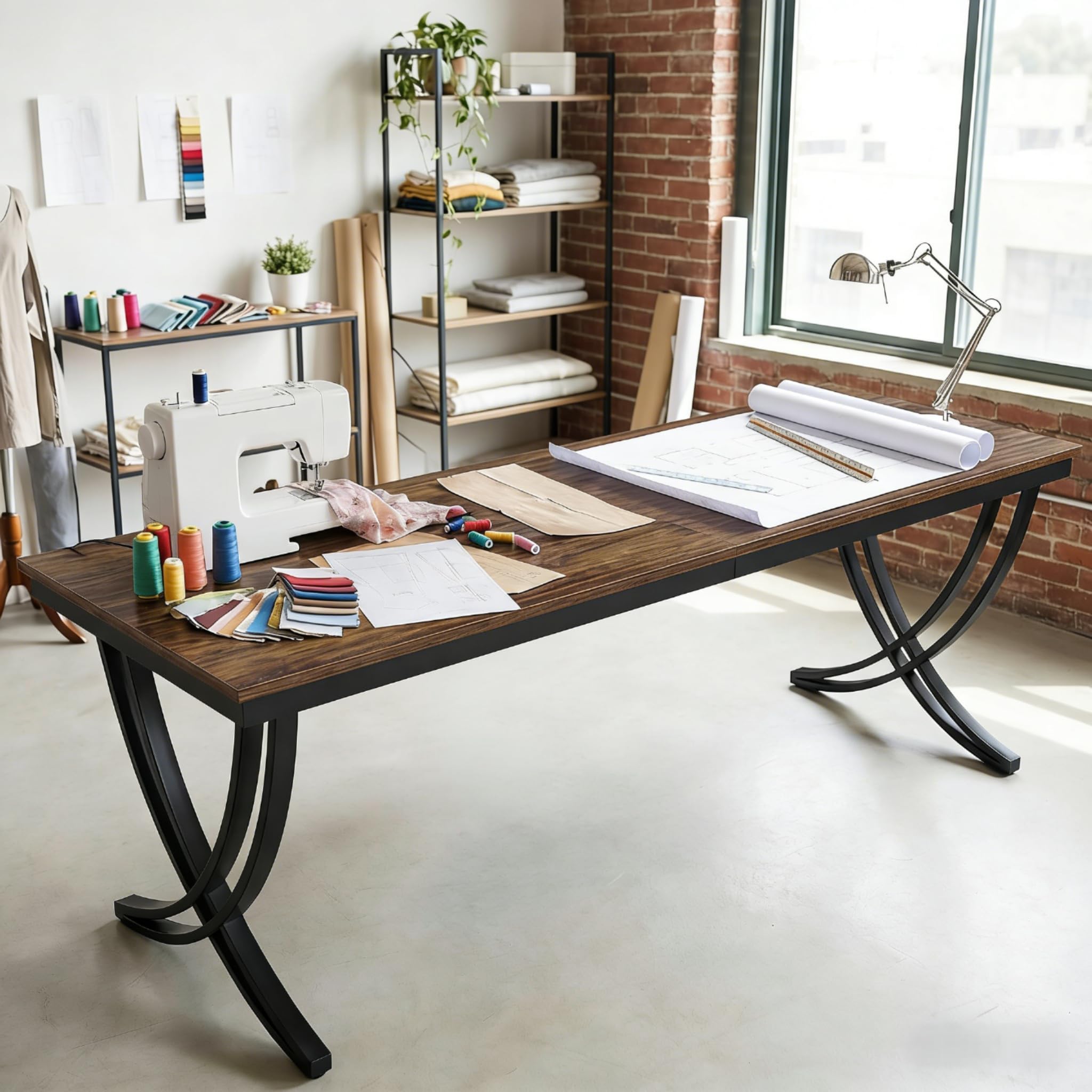 LITTLE TREE Computertisch für 2 Personen, extra lang, Chefschreibtisch, großer Bürotisch für Zwei Personen, Doppel-Schreibtisch aus Holz, Arbeitszimmer für Zuhause, Schwarz und rustikales Braun