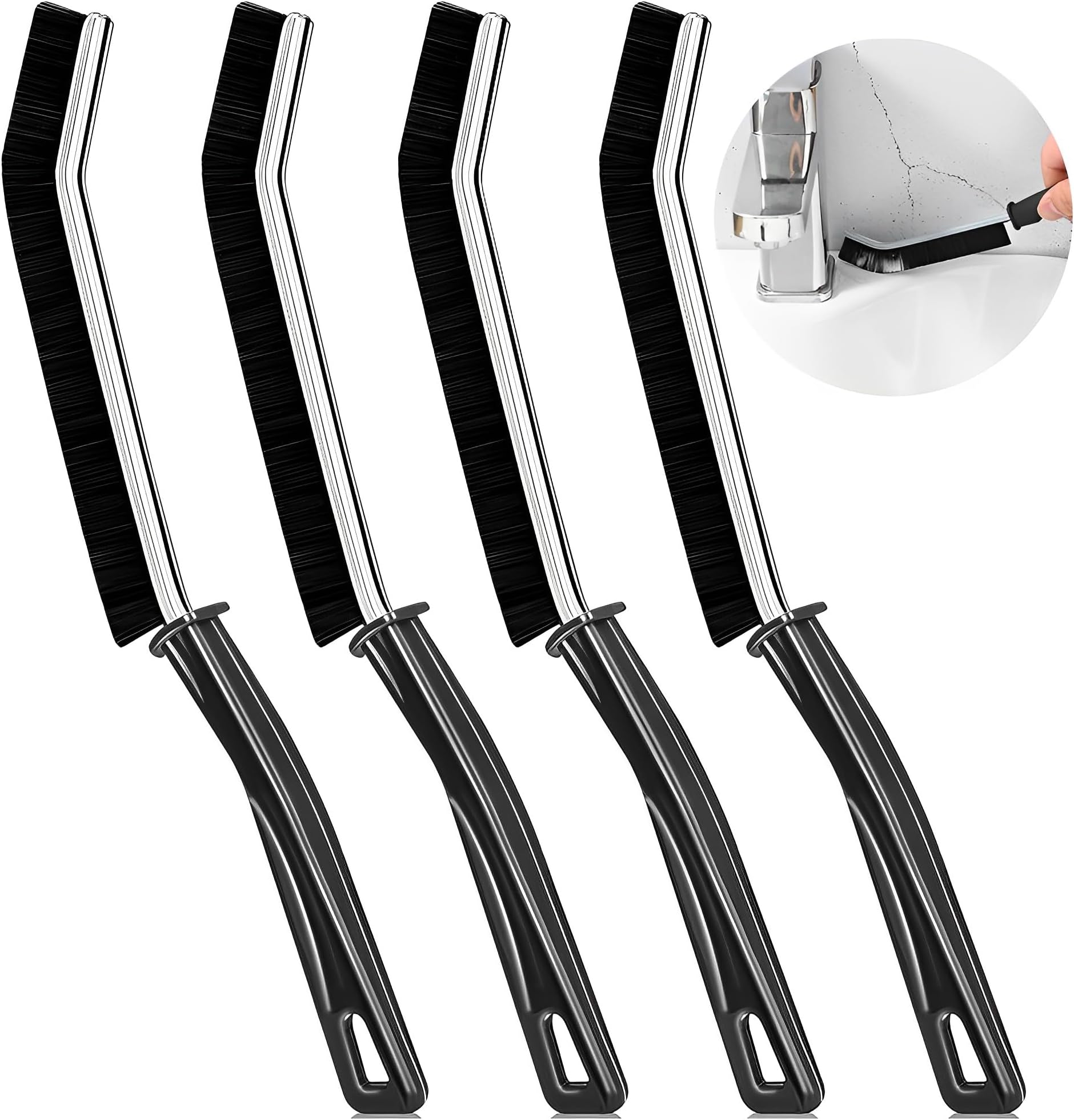 4pcs Multifunctional Crevice Brush Tool, Hard Bristle Cleaner Brush, Long Handle Narrow Crevice Cleaning Tool for Tiny Window Door Track Bathroom Home Kitchen Tile (Black)