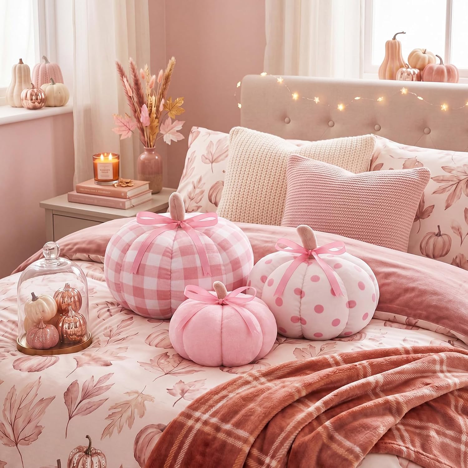 Yookeer 3 Pcs Pumpkin Throw Pillows Sherpa Fall Decor, Pink image 4