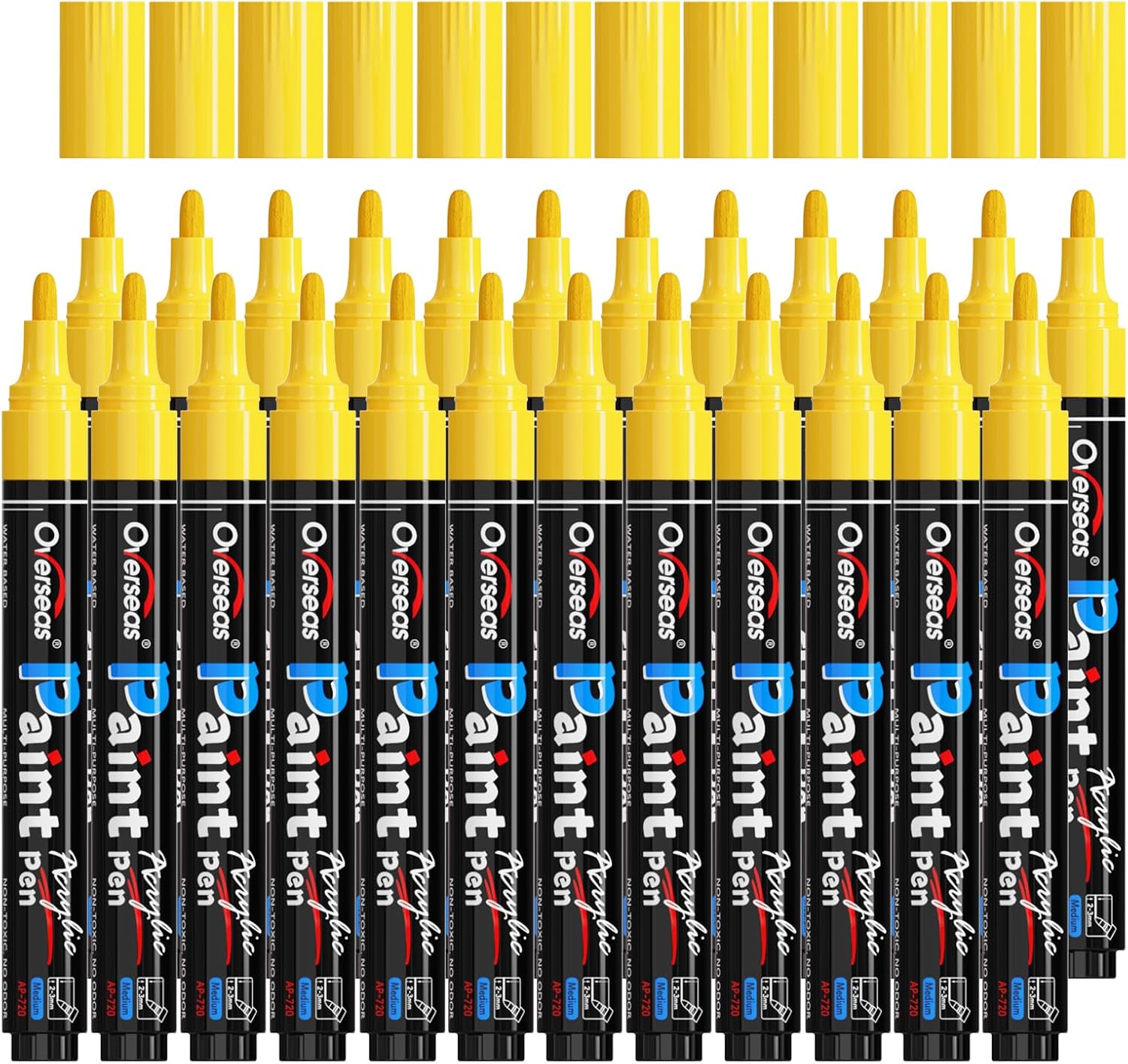 Overseas Yellow Acrylic Paint Markers Pens Set - 24 Pack Acrylic Permanent Markers, Water-Based, Quick Drying, Waterproof, Medium Tip Paint Pens for Rock, Wood, Plastic, Metal, Canvas, Glass, Fabric