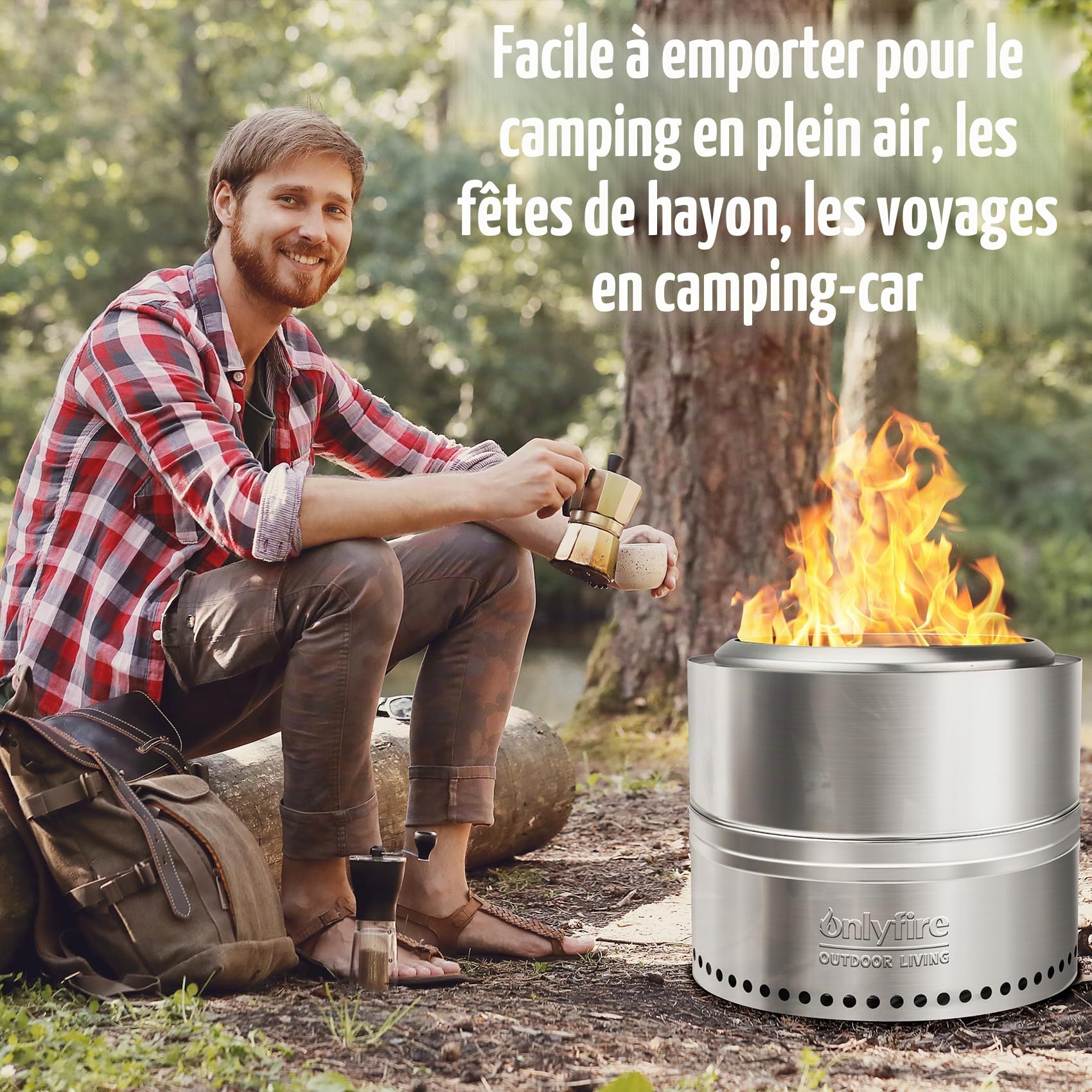 Onlyfire 50cm Foyers Extérieurs avec Sac de Transpor, Brasero Portable de sans émission de Fumée, Bac à Cendres Amovible, Acier Inoxydable, pour la Cour, Patio et Plage