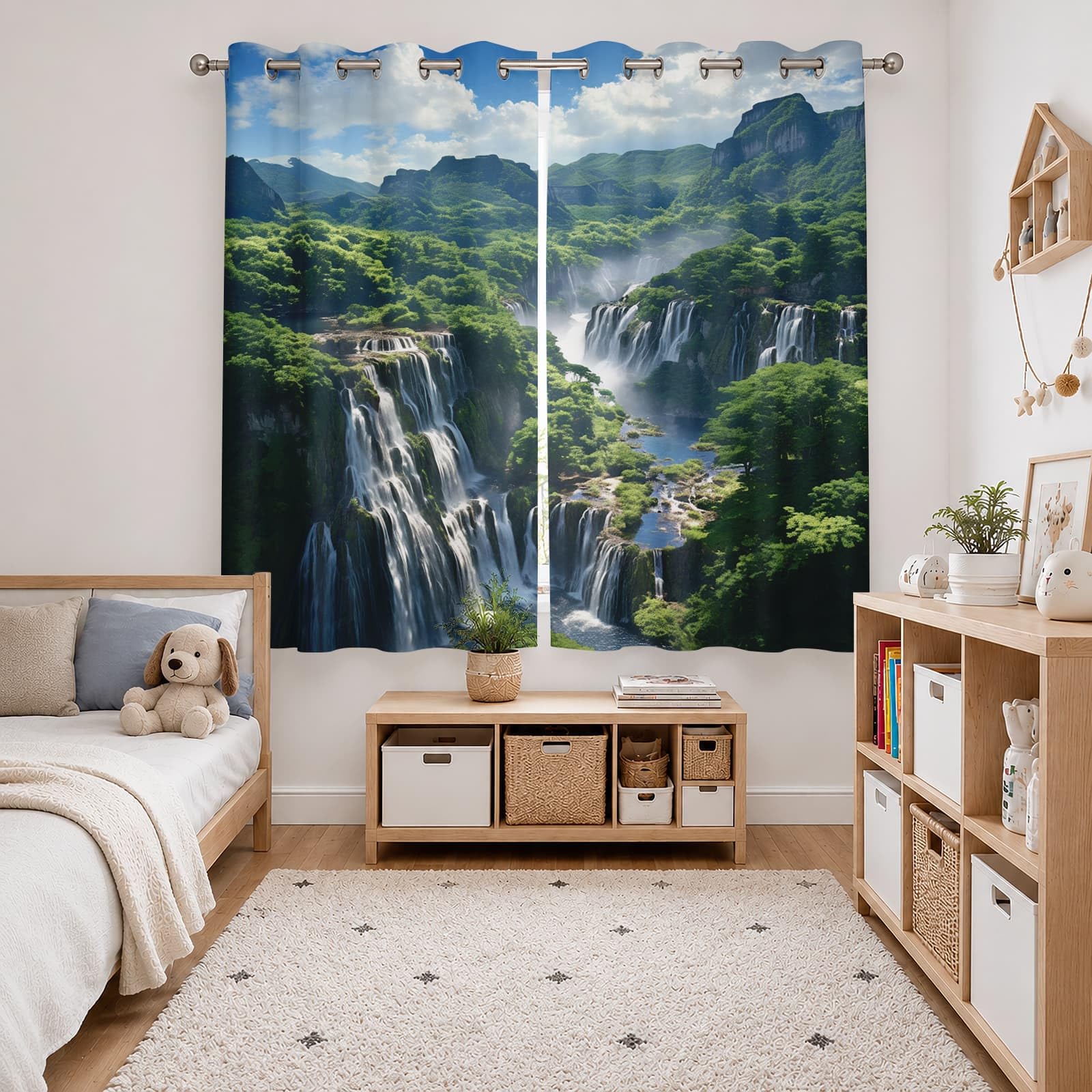 Genérico Cortinas Opacas 140An x 260Al cm (2 Paneles), Paisaje de Cascada Natural Visillo Reductoras Acusticas Antiruido Ojales Dormitorios， Verde Cortina Termicas PoliéSter para Sala de Estar