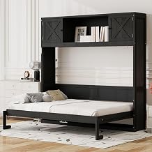 SOFTSEA Full Size Horizontal Murphy Bed with Storage, Farmhouse Wooden Wall Bed with Cabinets and Bookcase, Space-Saving Foldable Murphy Bed Frame for Bedroom or Small Spaces, Black