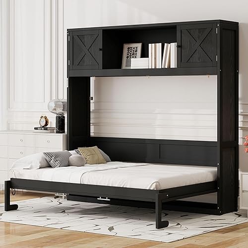 Merax Queen Size Murphy Bed with Storage Cabinets, Rustic Solid Wood Wall Bed with 3 Cabinet Shelves, Space Saving Foldable Bed Frame for Studio Apartment, Guest Room, Home Office, Black