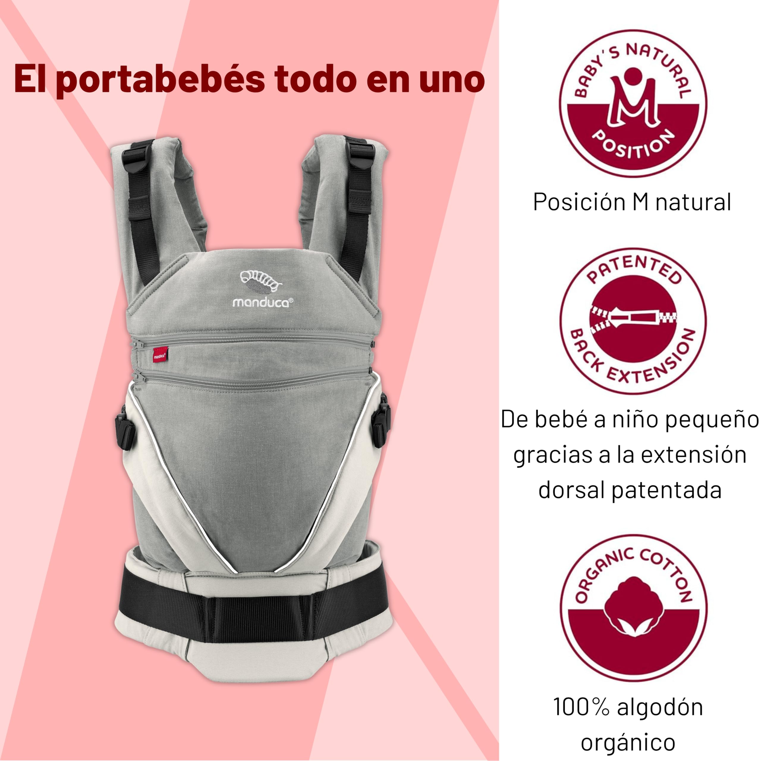 manduca Portabebés XT: portabebés todo en uno para recién nacidos a partir de 3,5 kg y niños pequeños de hasta 20 kg, portabebés ergonómico con puente ajustable, talla única, gris-blanco