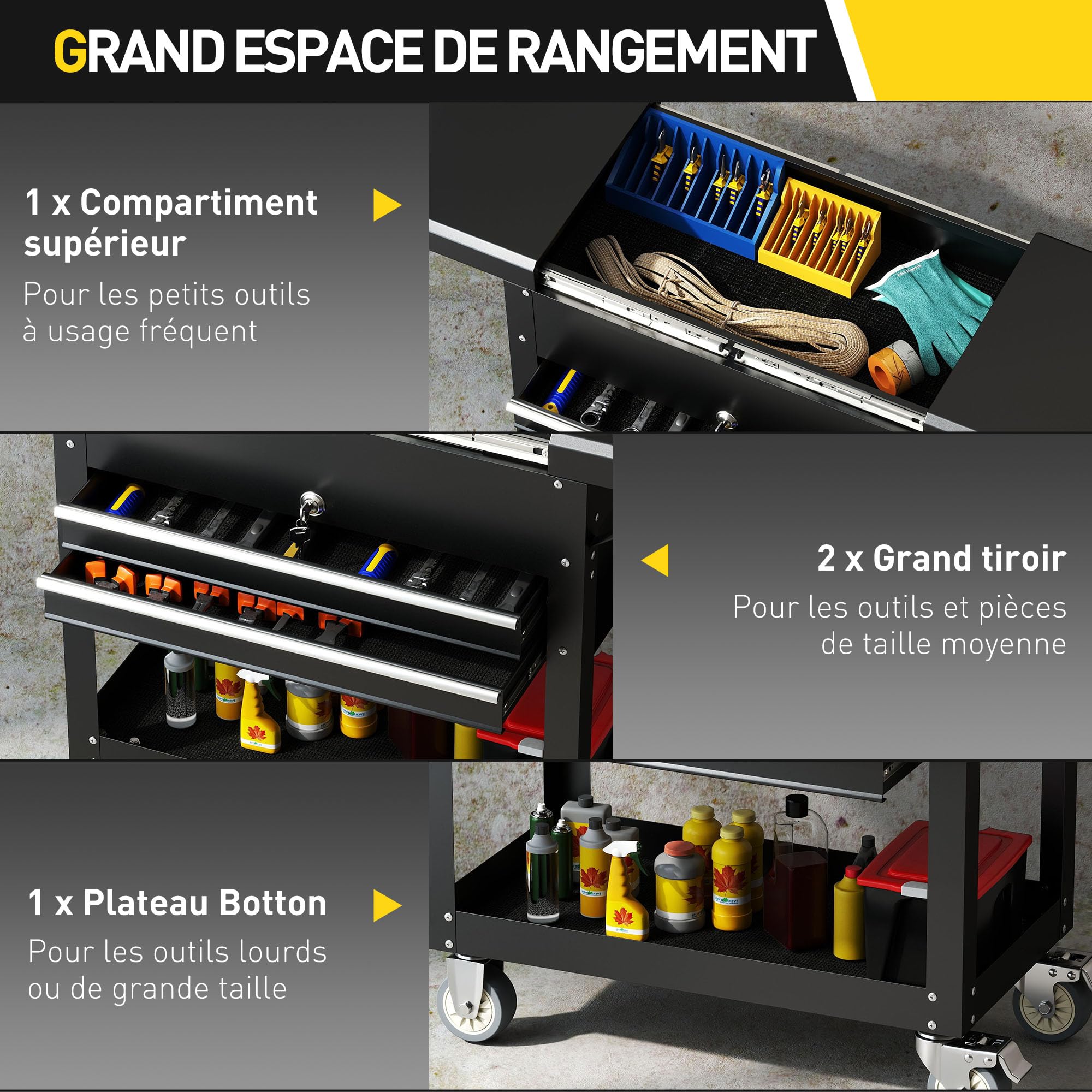 HOMCOM Chariot d'atelier Servante d'atelier sur roulettes en Acier Noir | Chariot à Outils, Plateau Coulissant, Tiroirs Verrouillables, Poignée, pour Entrepôt, Atelier, Garage