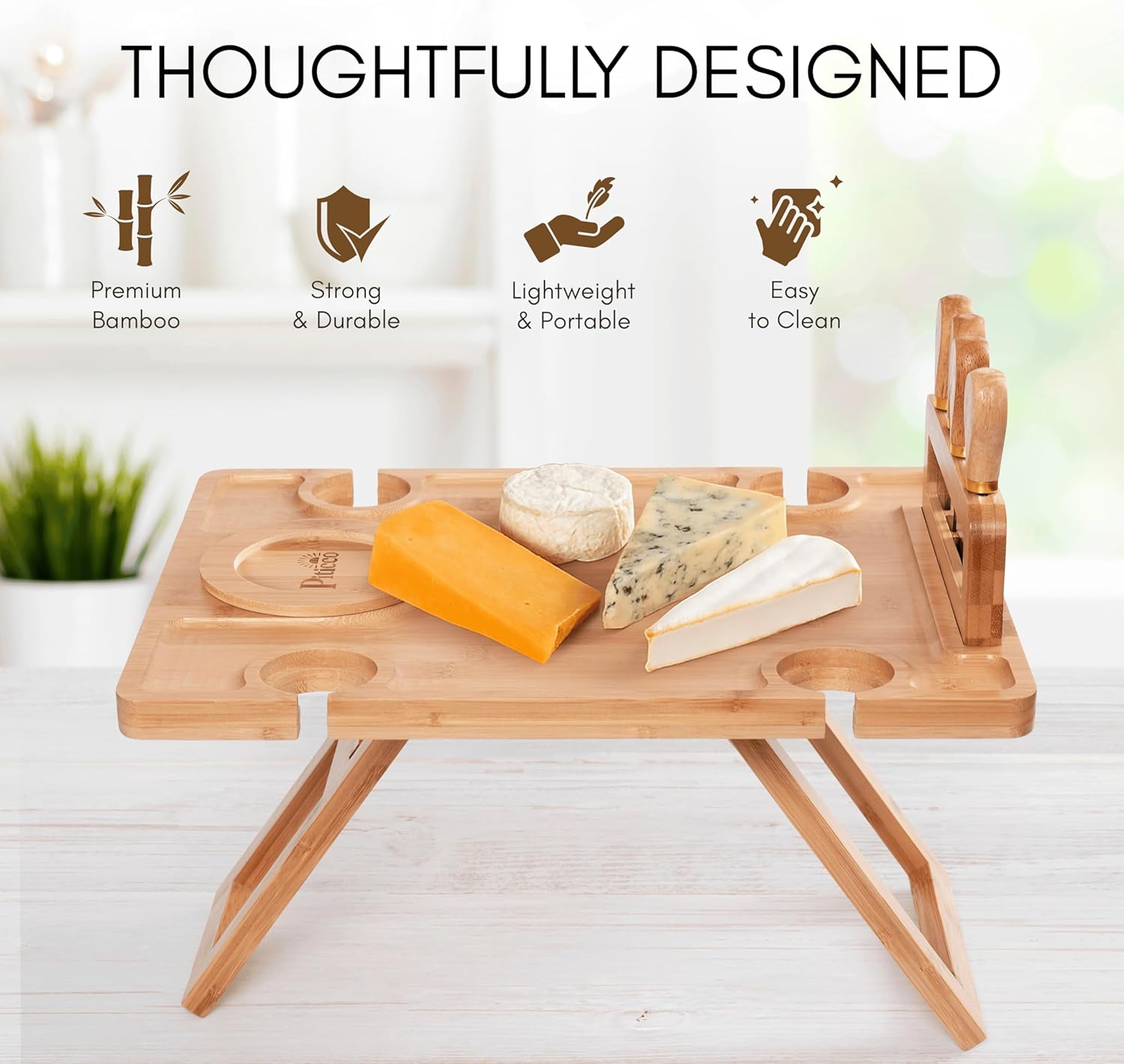 Bamboo Charcuterie Picnic Table with 4 Gold Cheese Knives, Portable Wine Picnic Table, Charcuterie Board with Wine Glass Holder, Unique Gift for Wine Lovers, Includes Detachable Knife Stand
