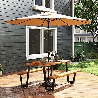 S AFSTAR 70" Acacia Wood Outdoor Picnic Table Set with 10Ft Umbrella & Base, Heavy Duty Wooden Outside Dining Table Set with Bench, All-Weather Patio Dining Set for 6, Garden, Backyard
