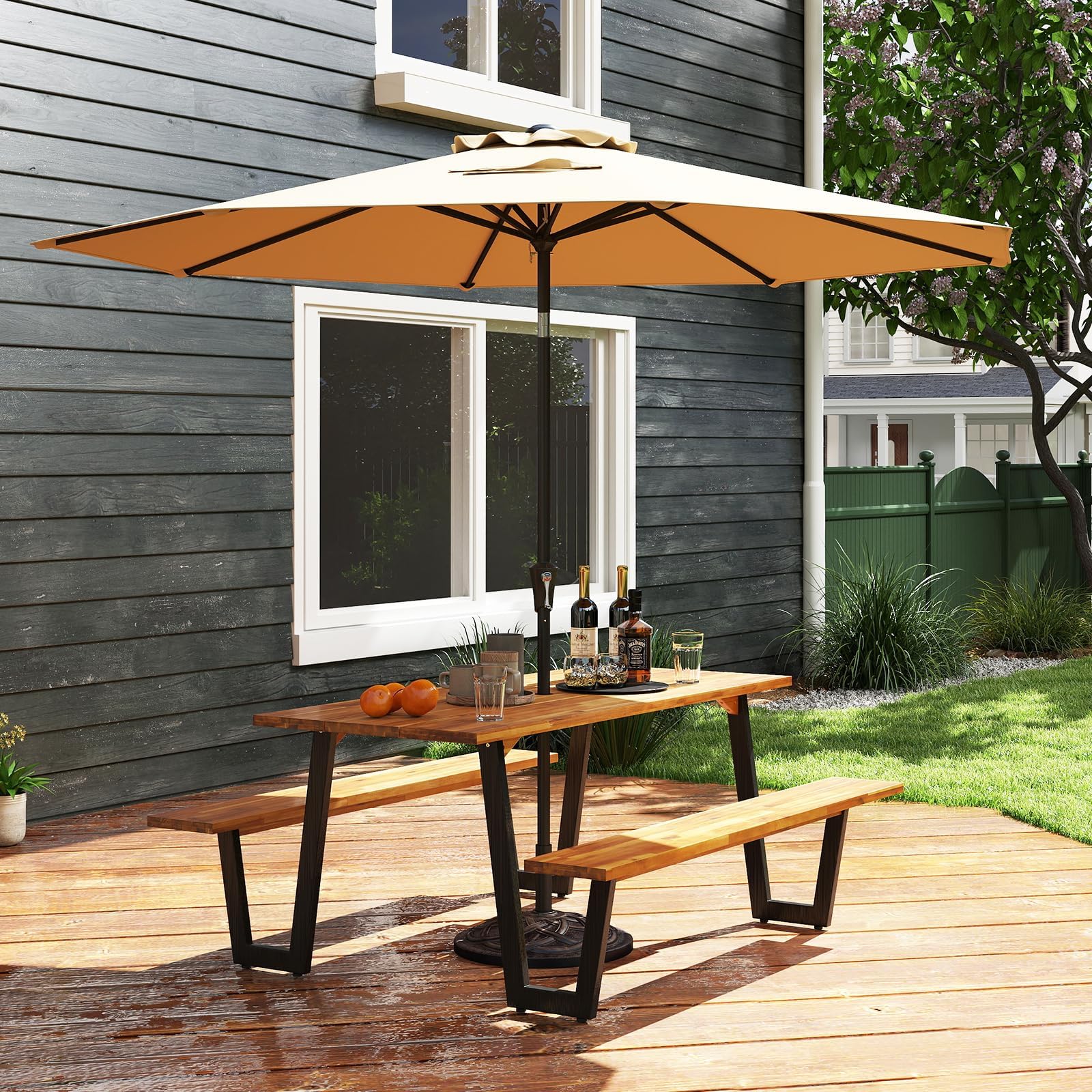 S AFSTAR 70" Acacia Wood Outdoor Picnic Table Set with 10Ft Umbrella & Base, Heavy Duty Wooden Outside Dining Table Set with Bench, All-Weather Patio