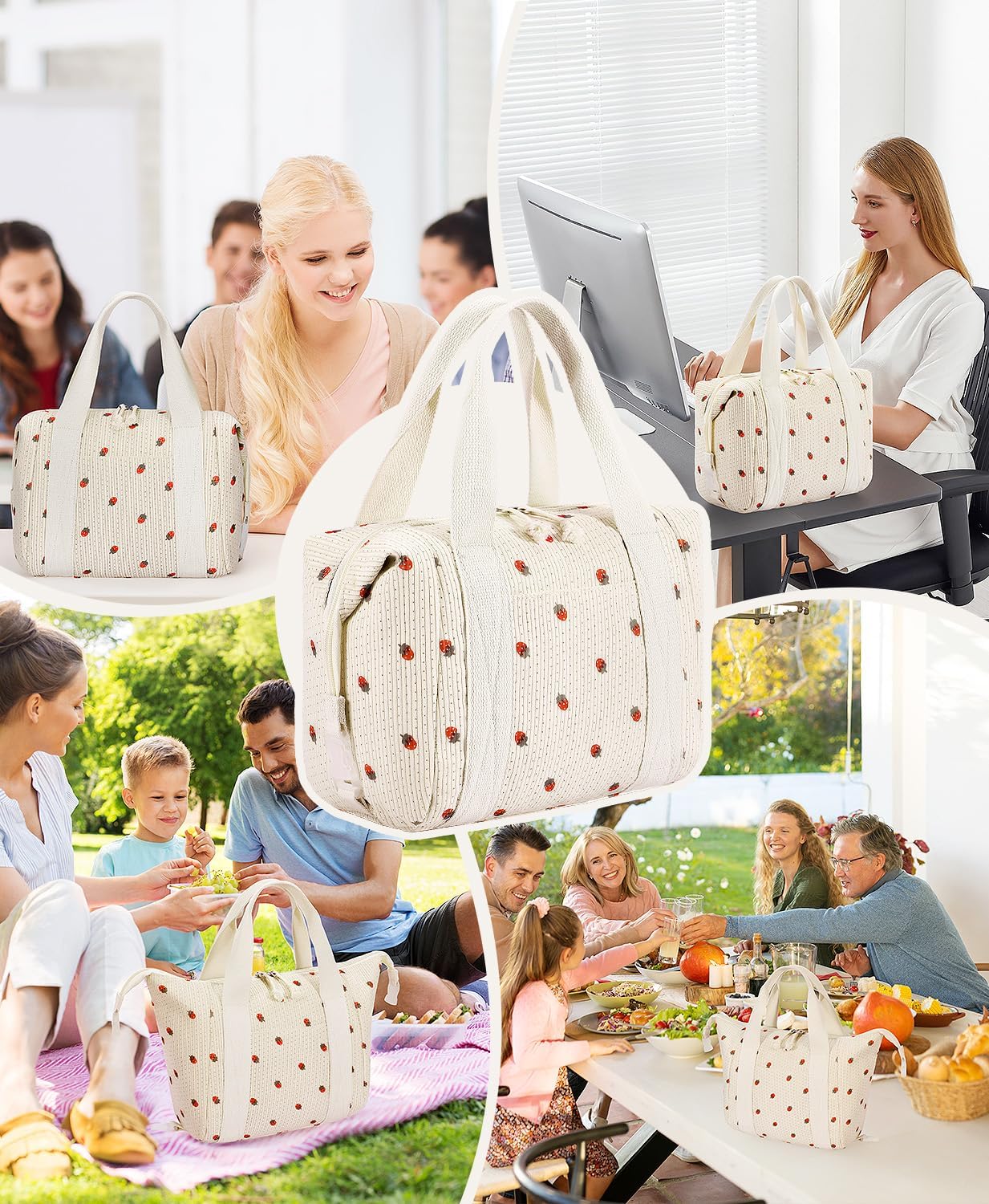 HowFly Corduroy Insulated Lunch Bag for Women - 8.8L Reusable Thermal Lunch Box Cooler Tote Bags with Pockets for Work School Travel, Beige Strawberry - Image 6