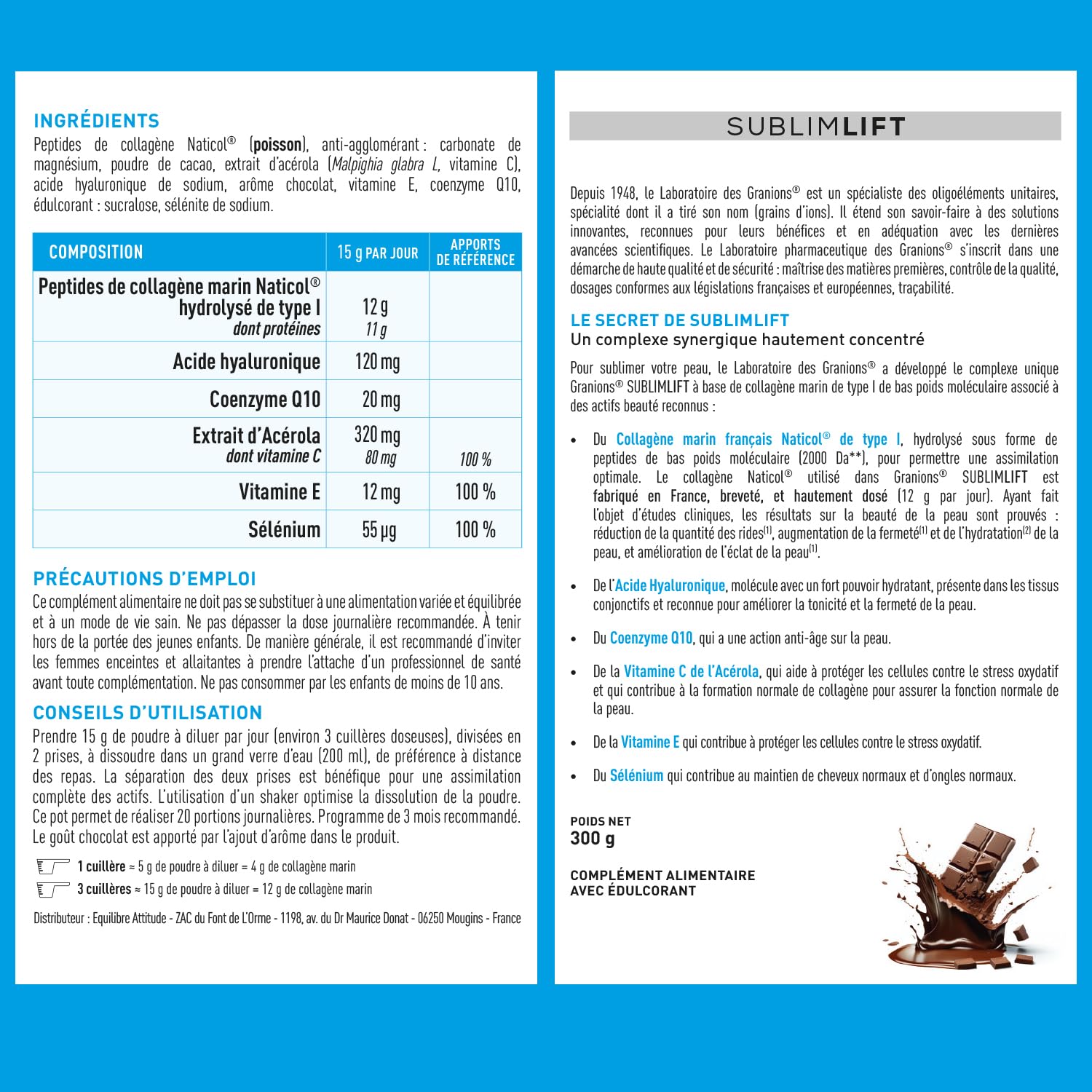 COLLAGENE MARIN BEAUTE SUBLIME LIFT GRANIONS - Collagene Marin - Acide Hyaluronique - Vitamine C - Coenzyme Q10 - Collagène - Peptide de Collagene - Goût Chocolat 300g