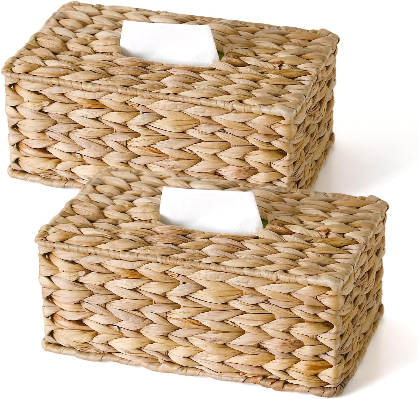 2 Pack Rectangle Wicker Tissue Box Cover Fits 120-Count (3-Ply) / 160-Count (2-Ply) Boxes, Natural Rattan Woven Facial Tissue Holder, Decorative Tissue Box Holder for Bathroom