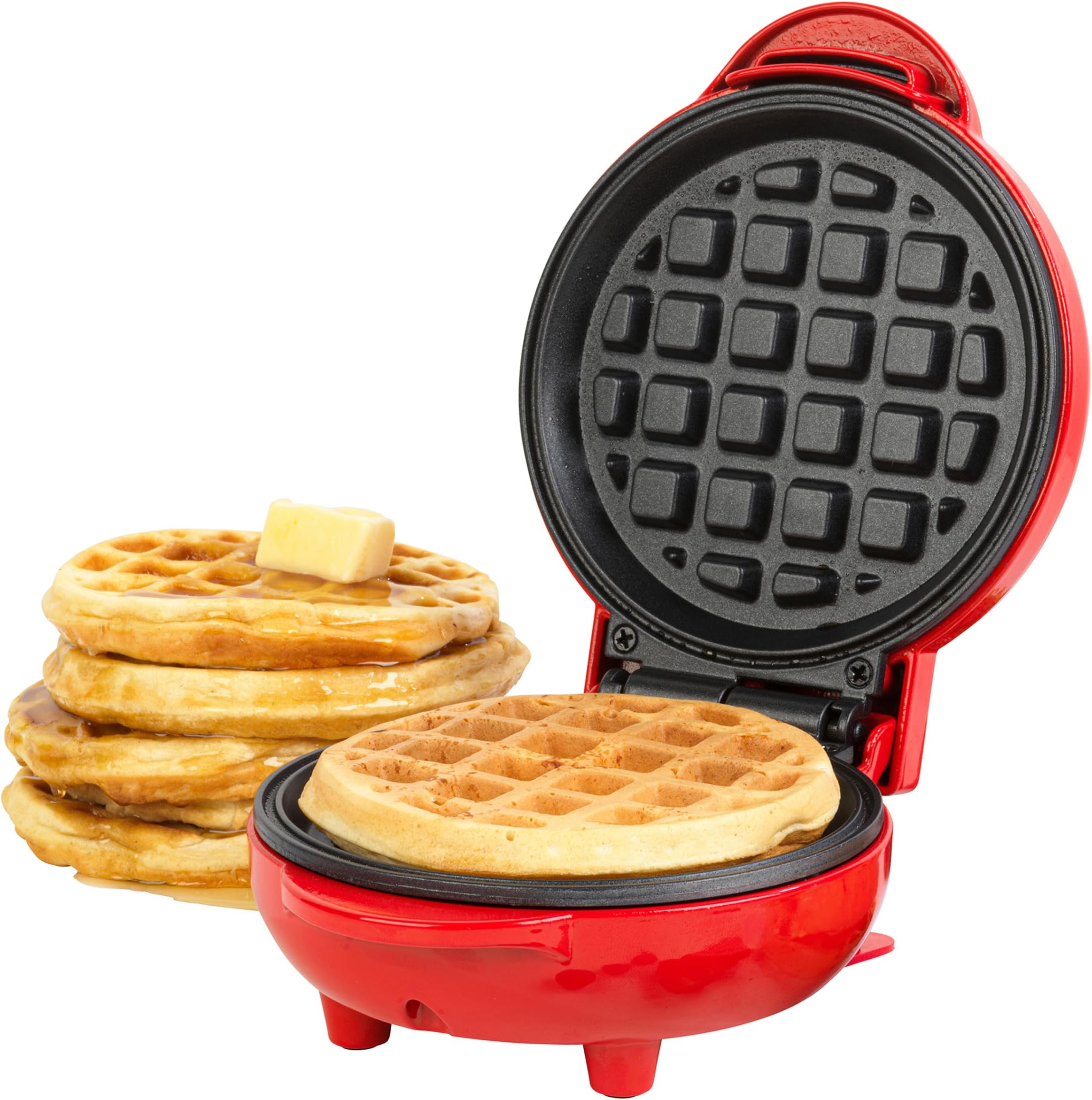 Giles & Posner Waffle Maker - Mini Non-Stick Waffle Iron, Compact, 550W, 2 Minute Preheat, Belgian American Round Waffles, 11.5cm Plates, Easy Clean, One Portion, Sweet Or Savoury Treats, Red
