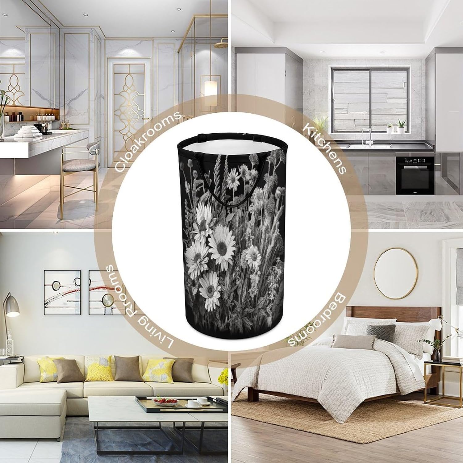 Black And White Flowers Laundry Hamper 86L Waterproof Collapsible Clothes Basket with Double Handles Freestanding Foldable Laundry Basket Large Clothes Hamper for Bathroom