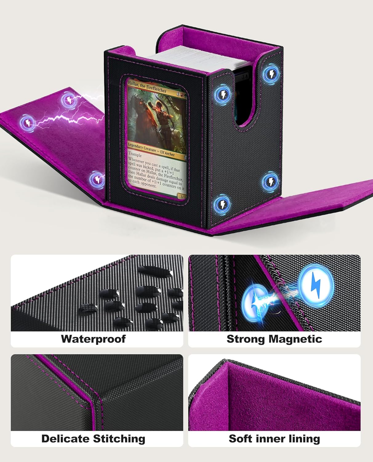 MTG Deck Box with Commander Window Display, Trading Card Storage Box Holds 100 Double-Sleeved Cards Suitable for TCG/CCG/PTCG/EDH/Magic/Sport Cards(Black&Purple)