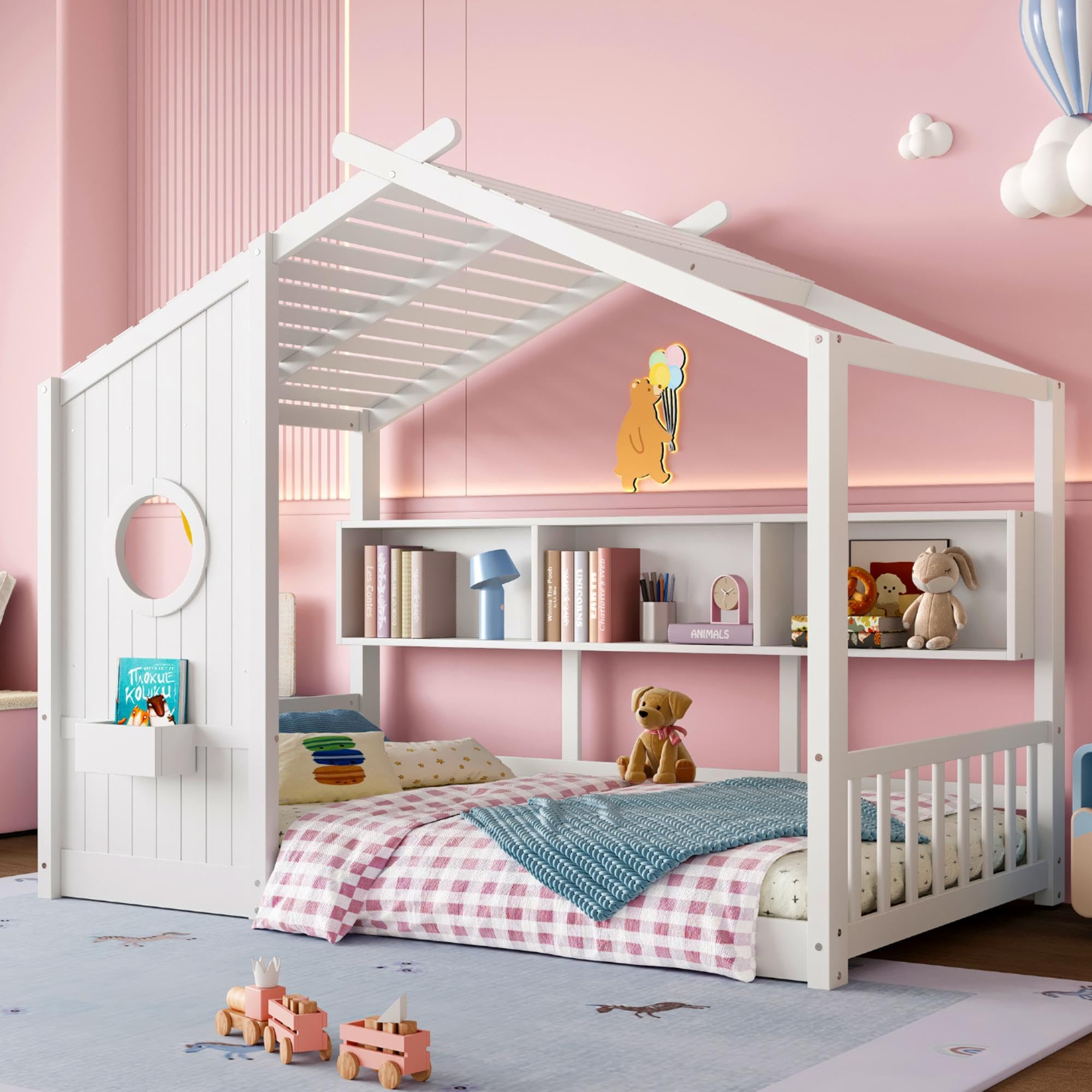 Twin Size Floor House Bed with Roof and Window for Kids, Wooden Playhouse Bed with Storage Shelves for Bedroom Furniture Girls &amp; Boys (White/L2, Twin)