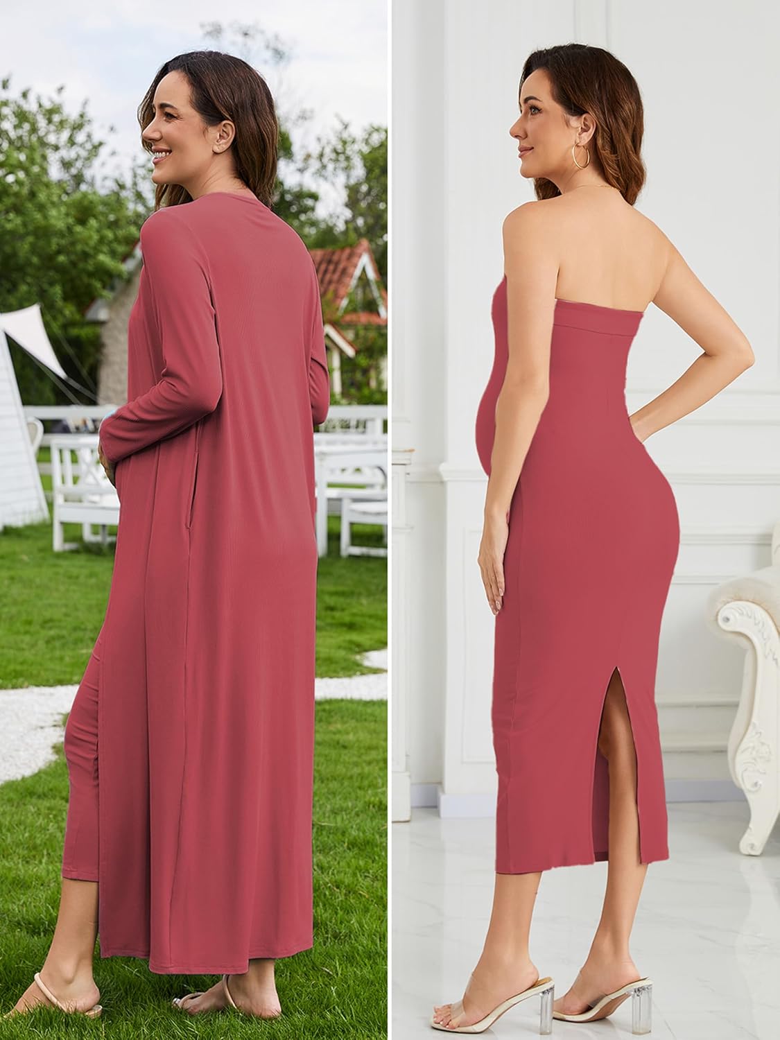 Ecavus Maternity Tube Dress Long Cardigan 2 Piece for Baby Shower and Wedding Guest Ribbed Maternity Photoshoot Dresses - Image 5